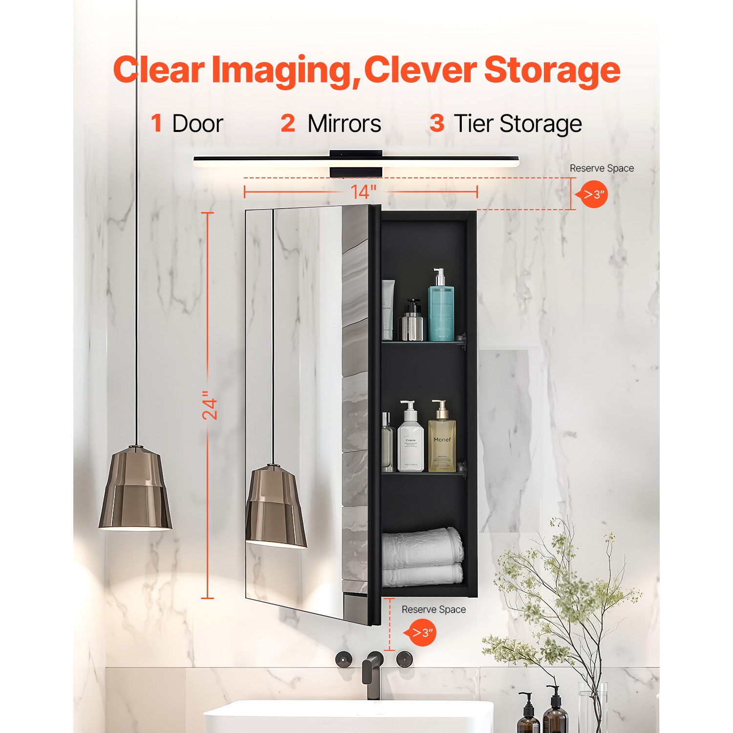 VEVOR 14 x 24 inches Medicine Cabinet, Medicine Cabinet with Mirror, Aluminum Frame Bathroom Wall Cabinet, 2-layer Adjustable Shelves, Recessed &