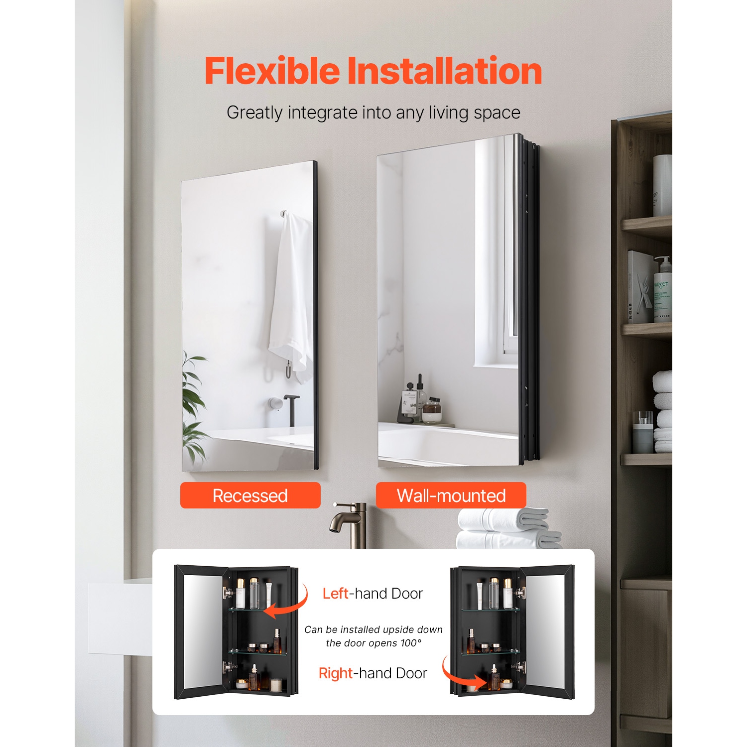 VEVOR 14 x 24 inches Medicine Cabinet, Medicine Cabinet with Mirror, Aluminum Frame Bathroom Wall Cabinet, 2-layer Adjustable Shelves, Recessed &