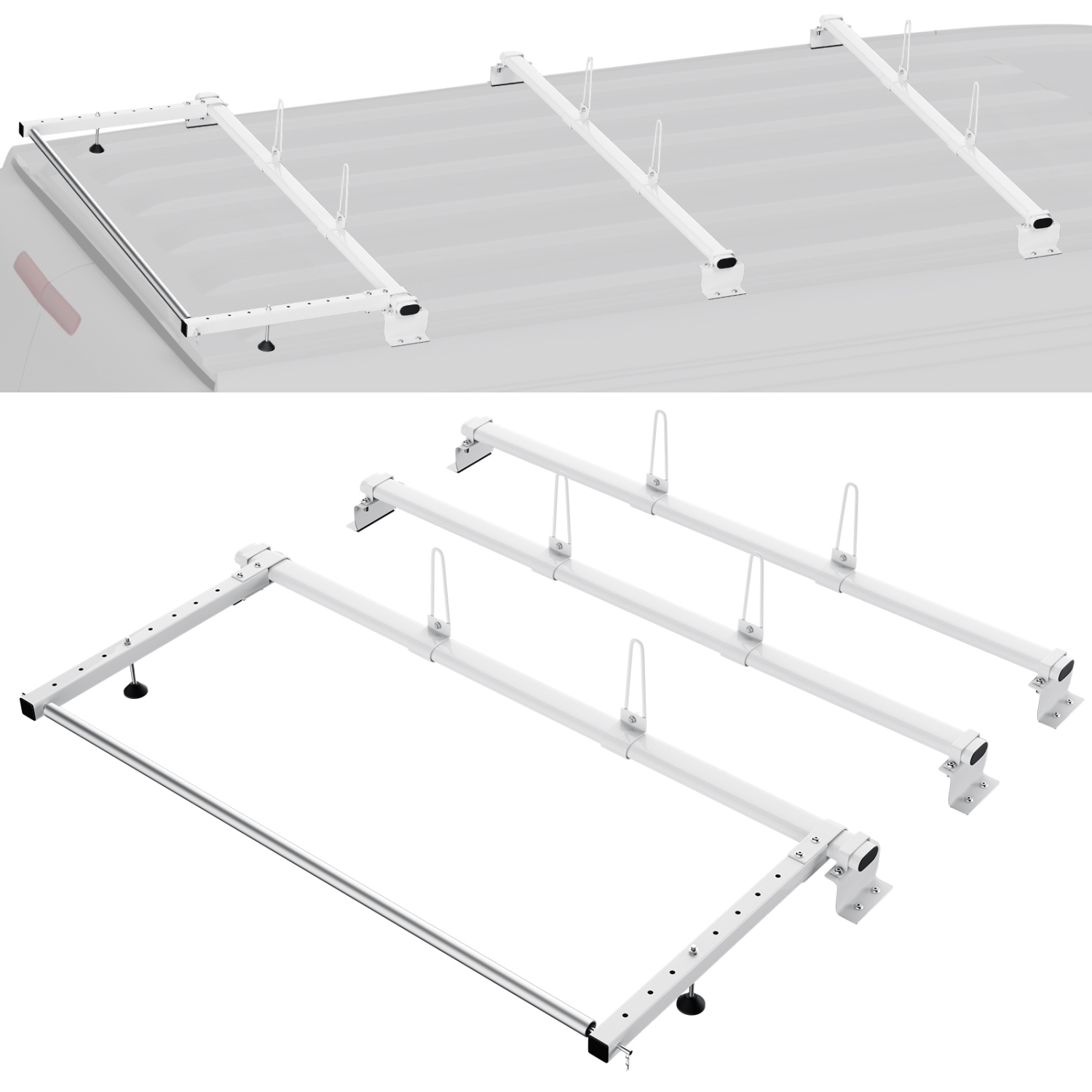 VEVOR 56" Trailer Ladder Rack, 3 Crossbars Heavy-duty Steel Ladder Roof Rack, 90 kg Capacity Each Bar Van Ladder Rack with Cargo Roller, Fit for Ford