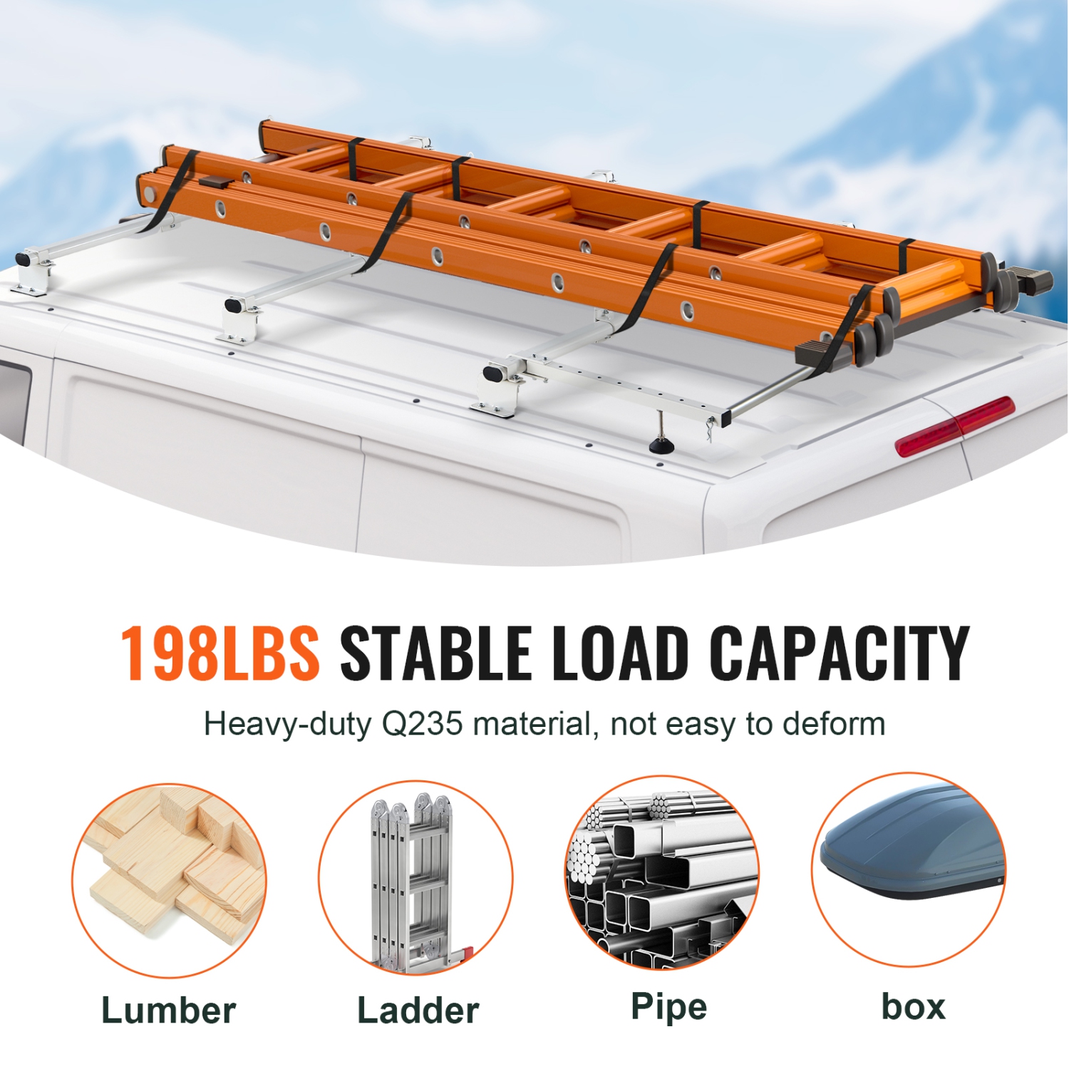 VEVOR 56" Trailer Ladder Rack, 3 Crossbars Heavy-duty Steel Ladder Roof Rack, 90 kg Capacity Each Bar Van Ladder Rack with Cargo Roller, Fit for Ford