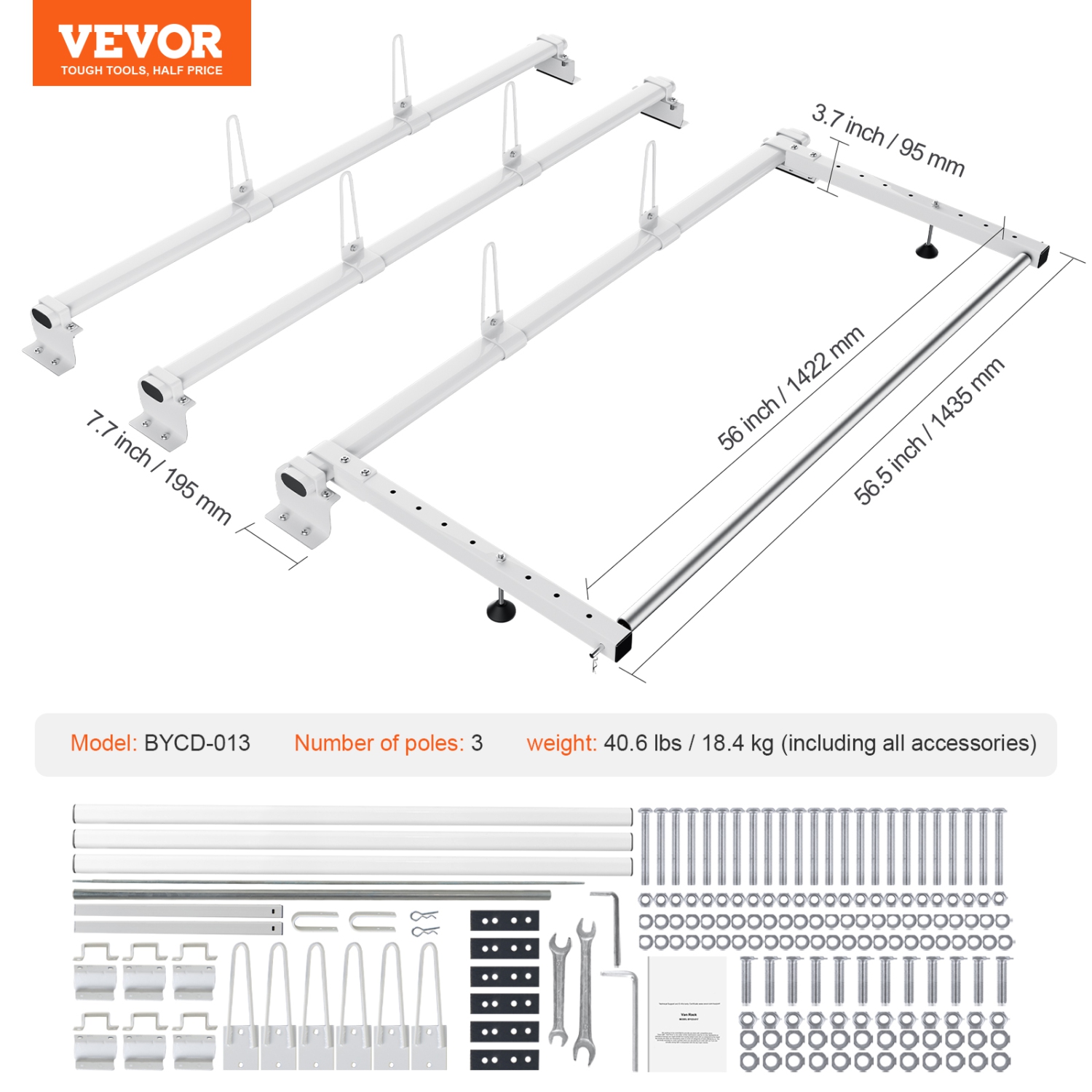 VEVOR 56" Trailer Ladder Rack, 3 Crossbars Heavy-duty Steel Ladder Roof Rack, 90 kg Capacity Each Bar Van Ladder Rack with Cargo Roller, Fit for Ford