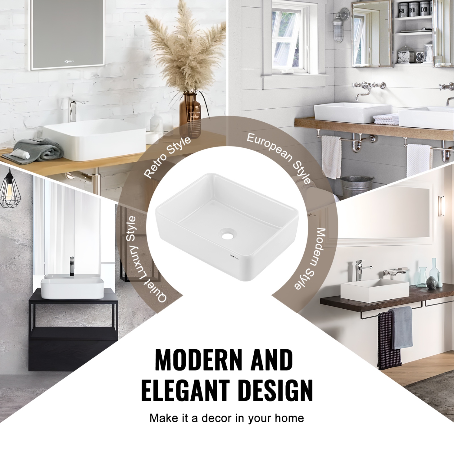 VEVOR 19" x 14.7" Rectangle Vessel Sink, Bathroom Vessel Sink Countertop, White Ceramic Bathroom Sinks Above Counter, Modern Style, Bright and