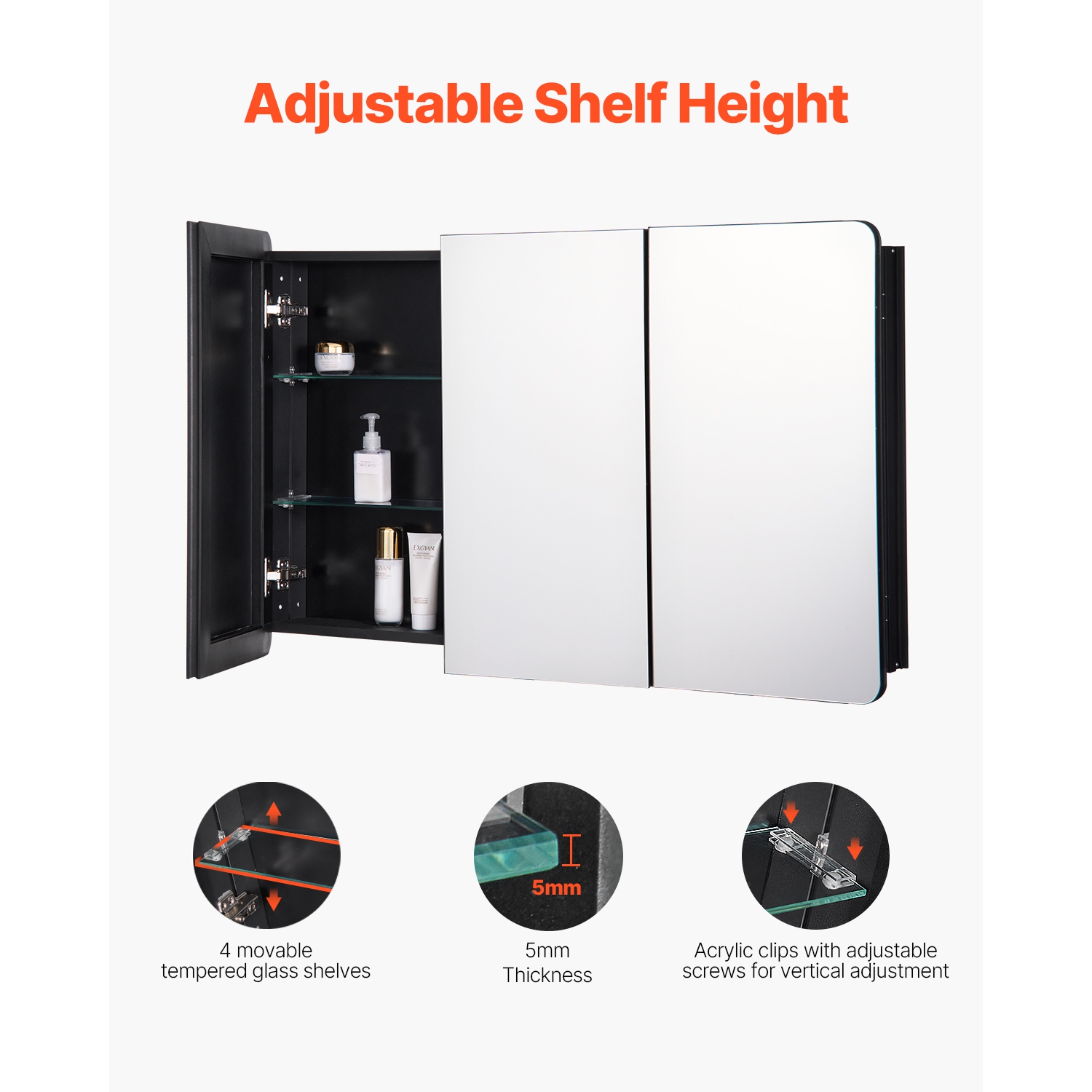 VEVOR 25.5 x 40 inch Medicine Cabinet, Medicine Cabinet with Mirror, Aluminum Frame Bathroom Wall Cabinet, 4-layer Adjustable Shelves, Recessed &