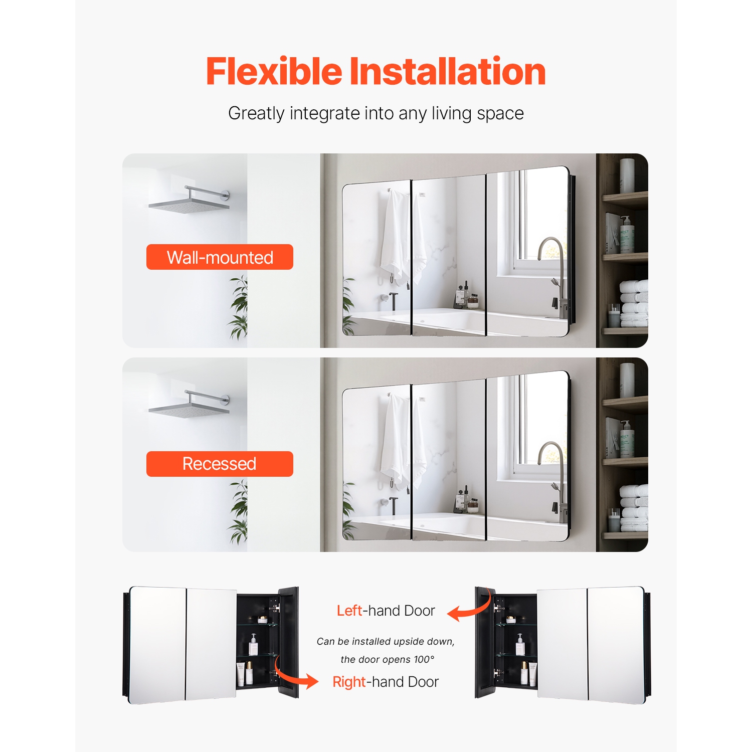 VEVOR 25.5 x 40 inch Medicine Cabinet, Medicine Cabinet with Mirror, Aluminum Frame Bathroom Wall Cabinet, 4-layer Adjustable Shelves, Recessed &