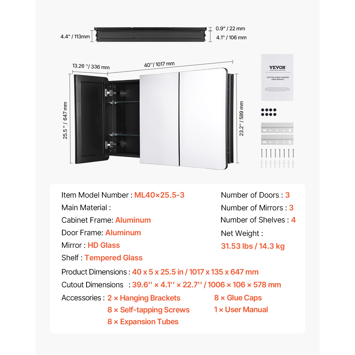 VEVOR 25.5 x 40 inch Medicine Cabinet, Medicine Cabinet with Mirror, Aluminum Frame Bathroom Wall Cabinet, 4-layer Adjustable Shelves, Recessed &