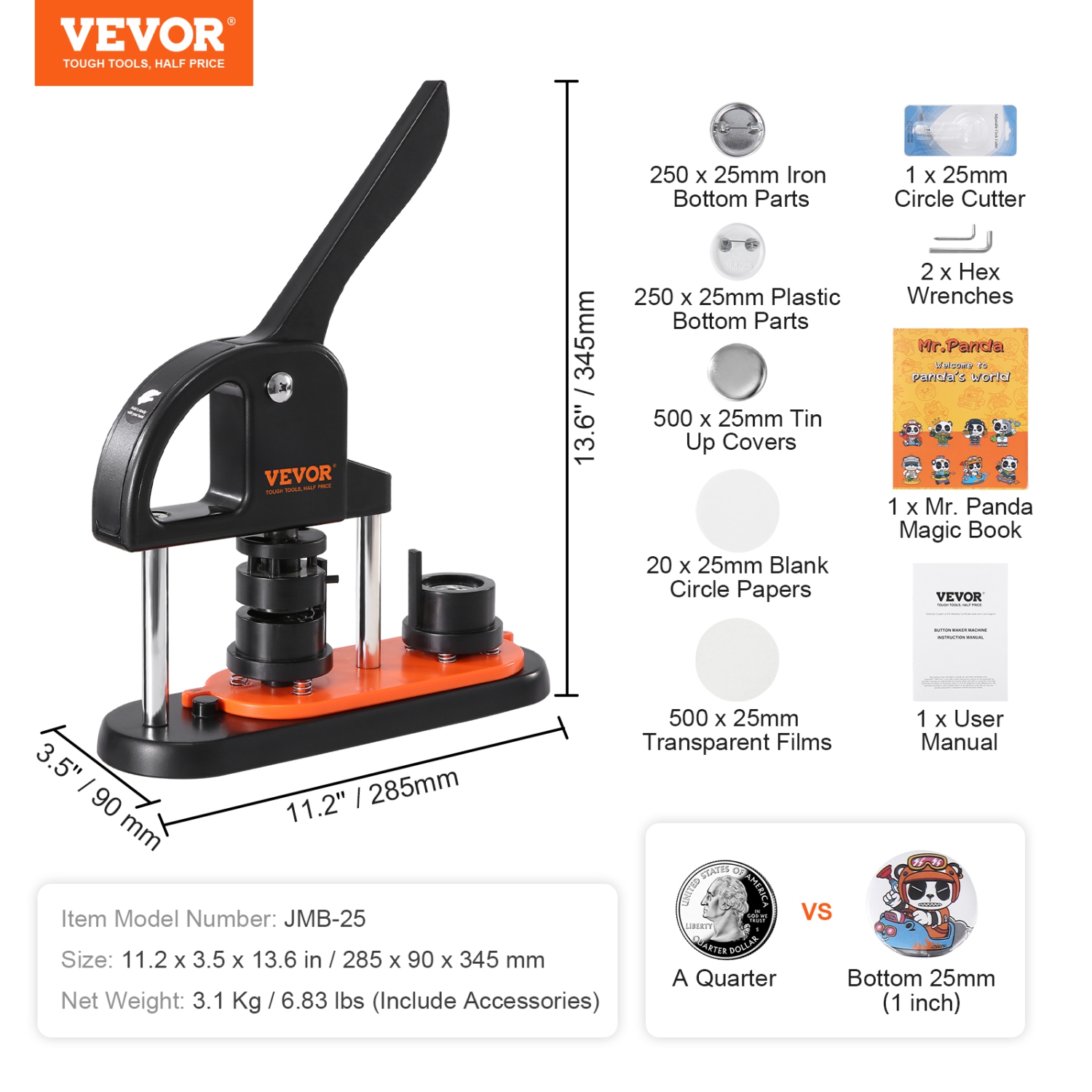 VEVOR 0.98 inch/25mm Button Maker Machine, Pin Maker, Installation-Free Badge Punch Press Kit, Children Button Making Supplies with 500pcs Button