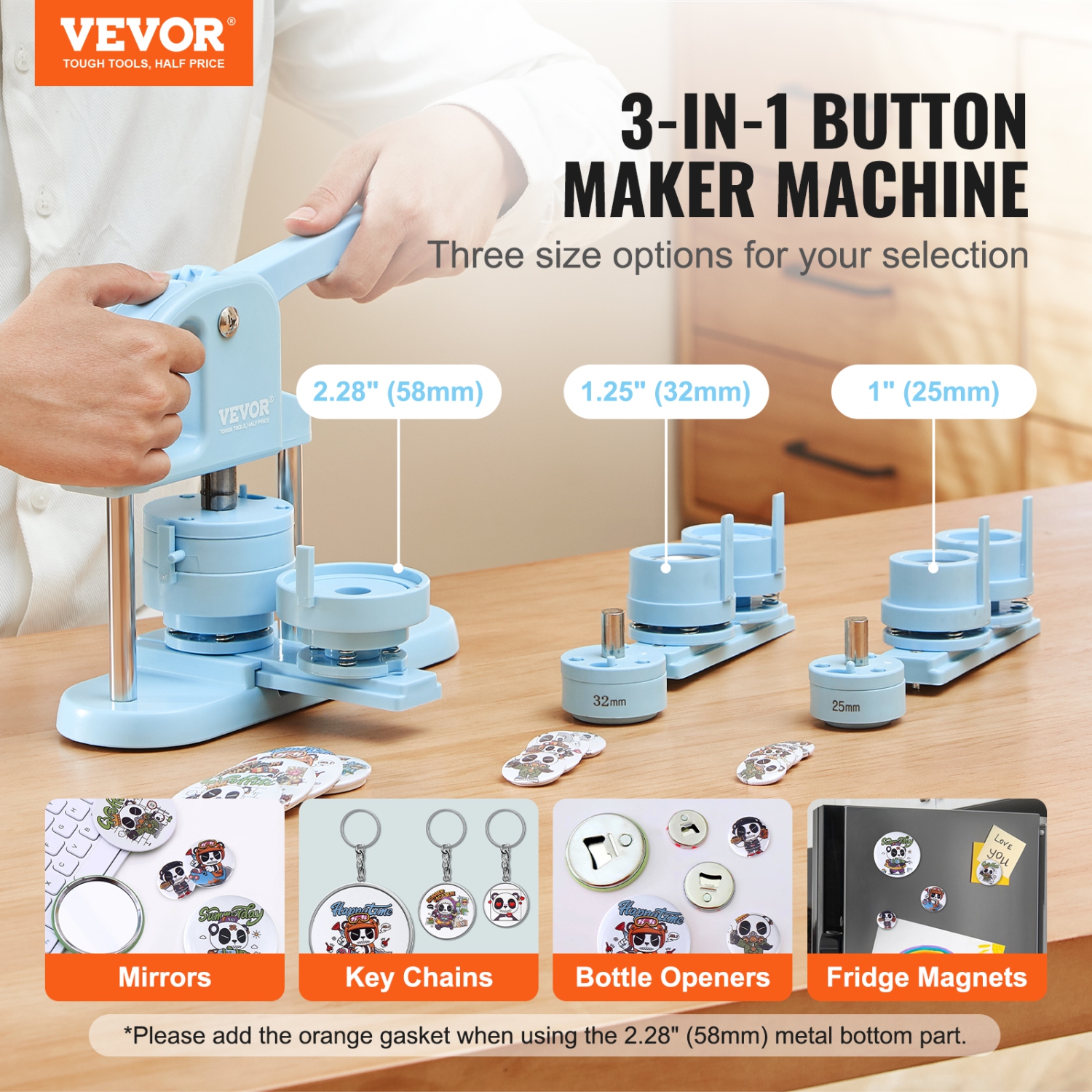 VEVOR Button Maker, 1/1.25/2.28 inch(25/32/58mm) 3-IN-1 Pin Maker, 300pcs Button Parts, Button Maker Machine with Panda Magic Book, Ergonomic Arc