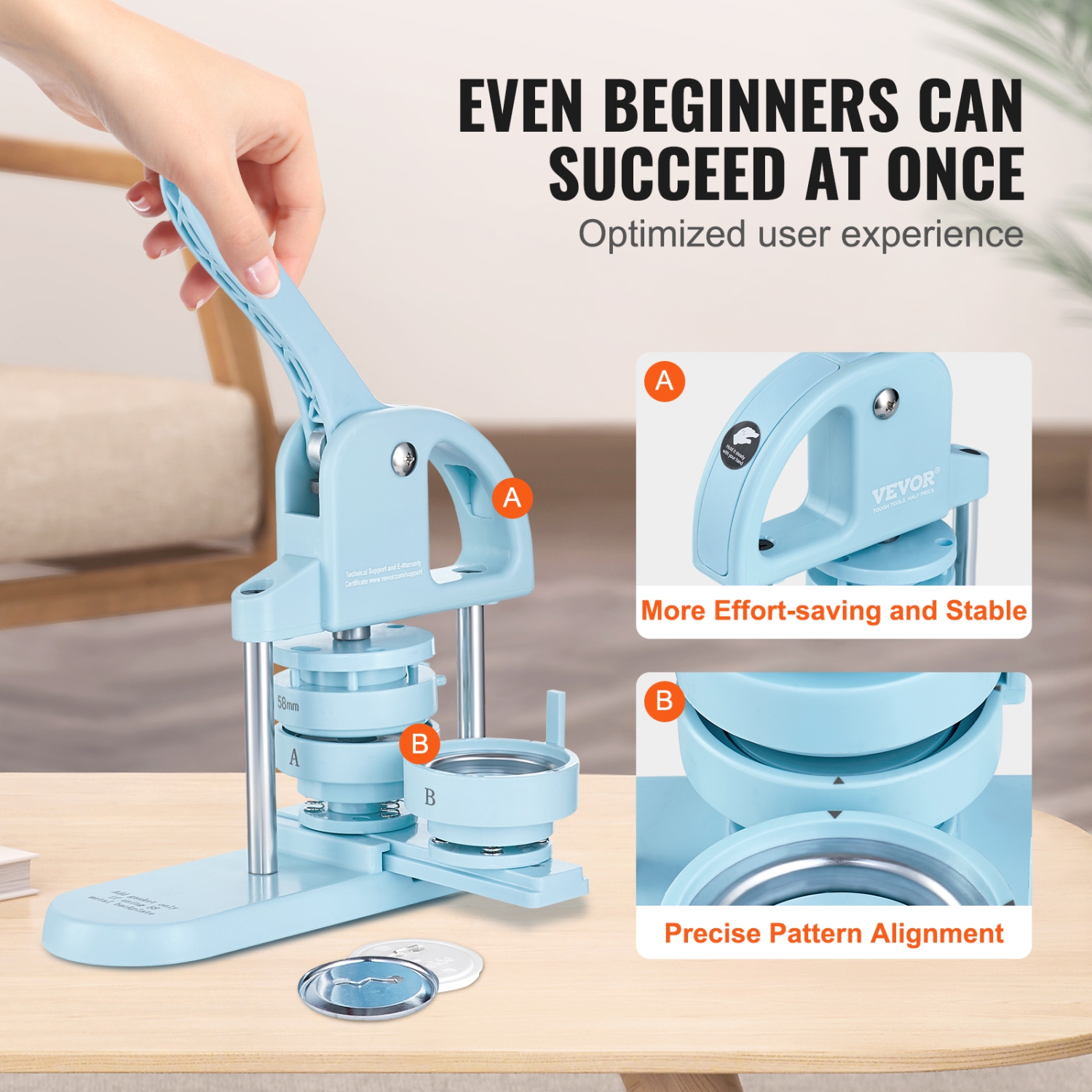 VEVOR Button Maker, 1/1.25/2.28 inch(25/32/58mm) 3-IN-1 Pin Maker, 300pcs Button Parts, Button Maker Machine with Panda Magic Book, Ergonomic Arc