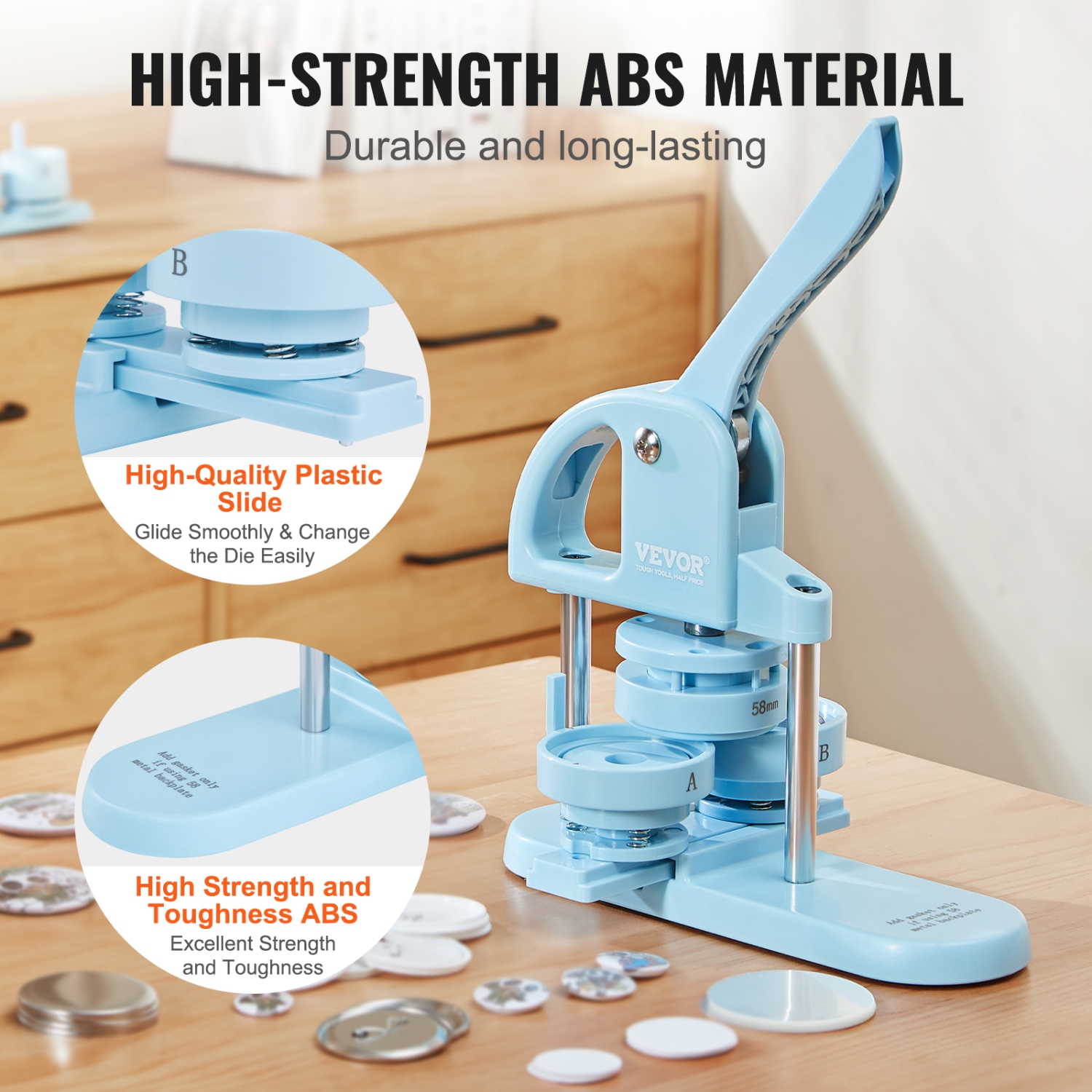 VEVOR Button Maker, 1/1.25/2.28 inch(25/32/58mm) 3-IN-1 Pin Maker, 300pcs Button Parts, Button Maker Machine with Panda Magic Book, Ergonomic Arc