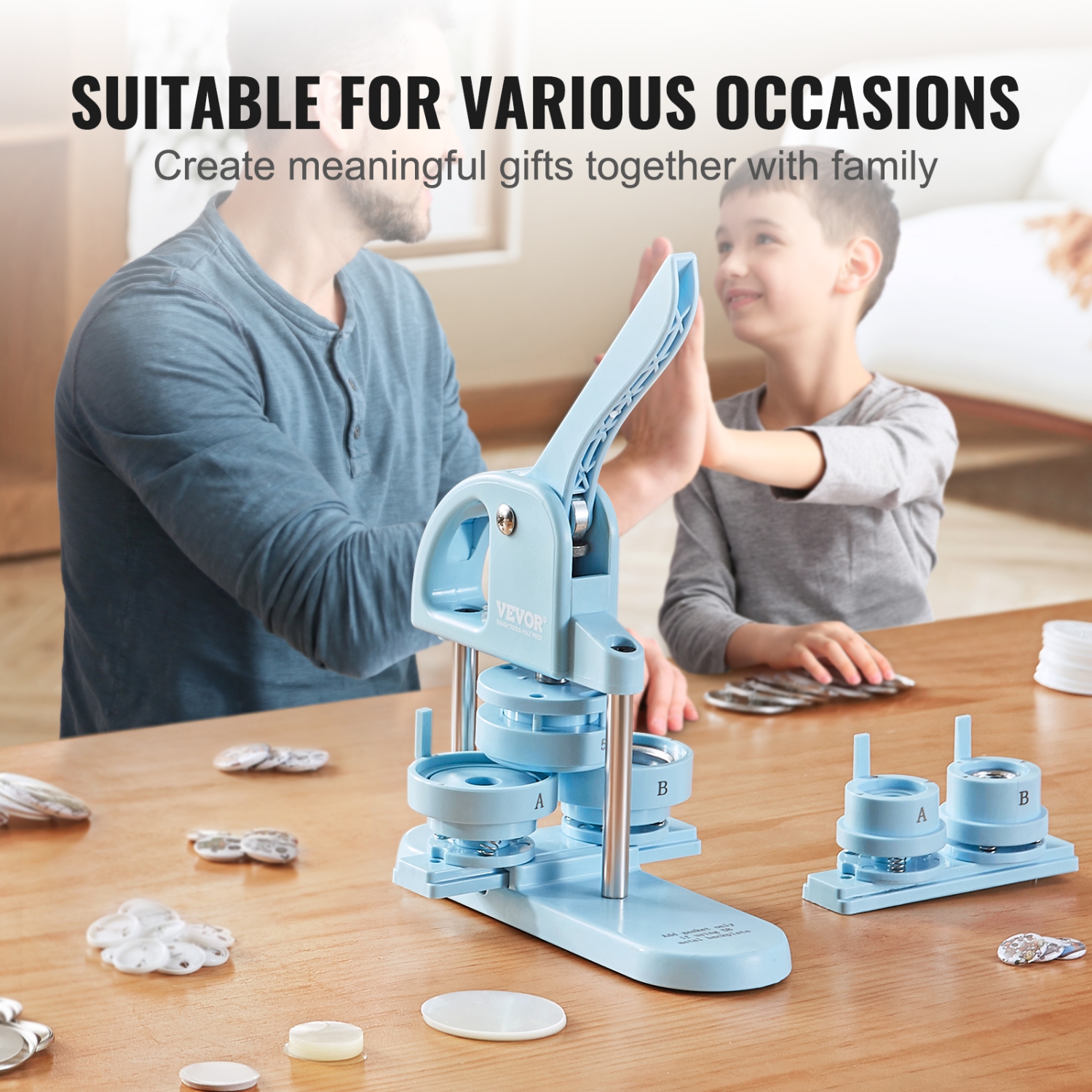 VEVOR Button Maker, 1/1.25/2.28 inch(25/32/58mm) 3-IN-1 Pin Maker, 300pcs Button Parts, Button Maker Machine with Panda Magic Book, Ergonomic Arc