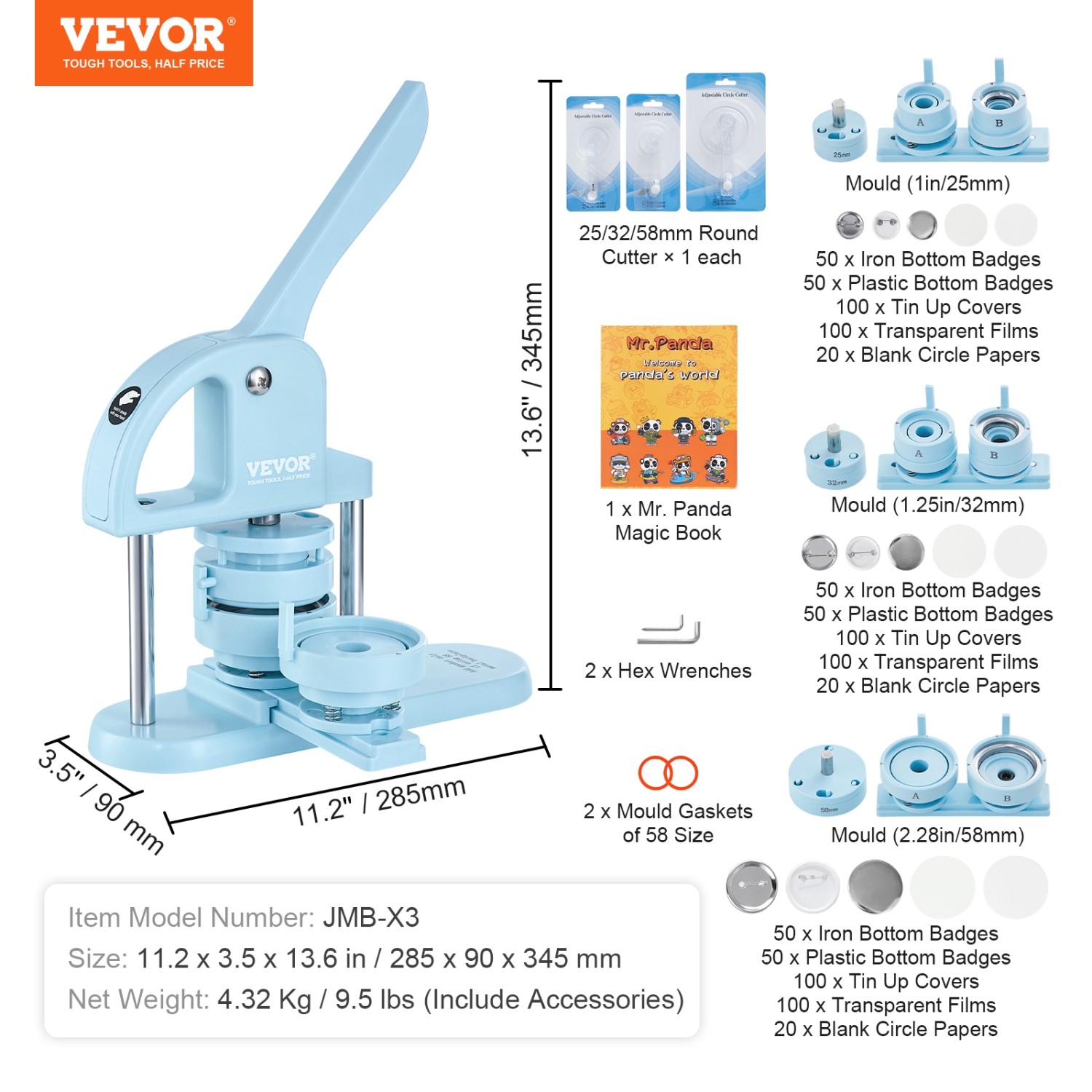 VEVOR Button Maker, 1/1.25/2.28 inch(25/32/58mm) 3-IN-1 Pin Maker, 300pcs Button Parts, Button Maker Machine with Panda Magic Book, Ergonomic Arc