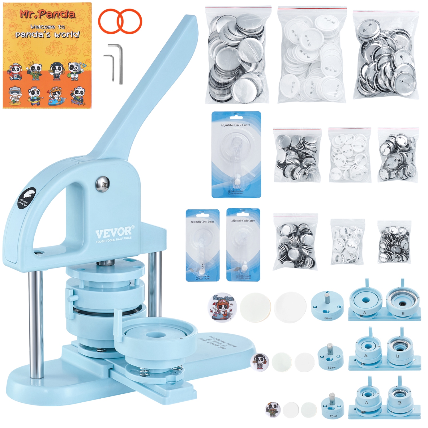 VEVOR Button Maker, 1/1.25/2.28 inch(25/32/58mm) 3-IN-1 Pin Maker, 300pcs Button Parts, Button Maker Machine with Panda Magic Book, Ergonomic Arc