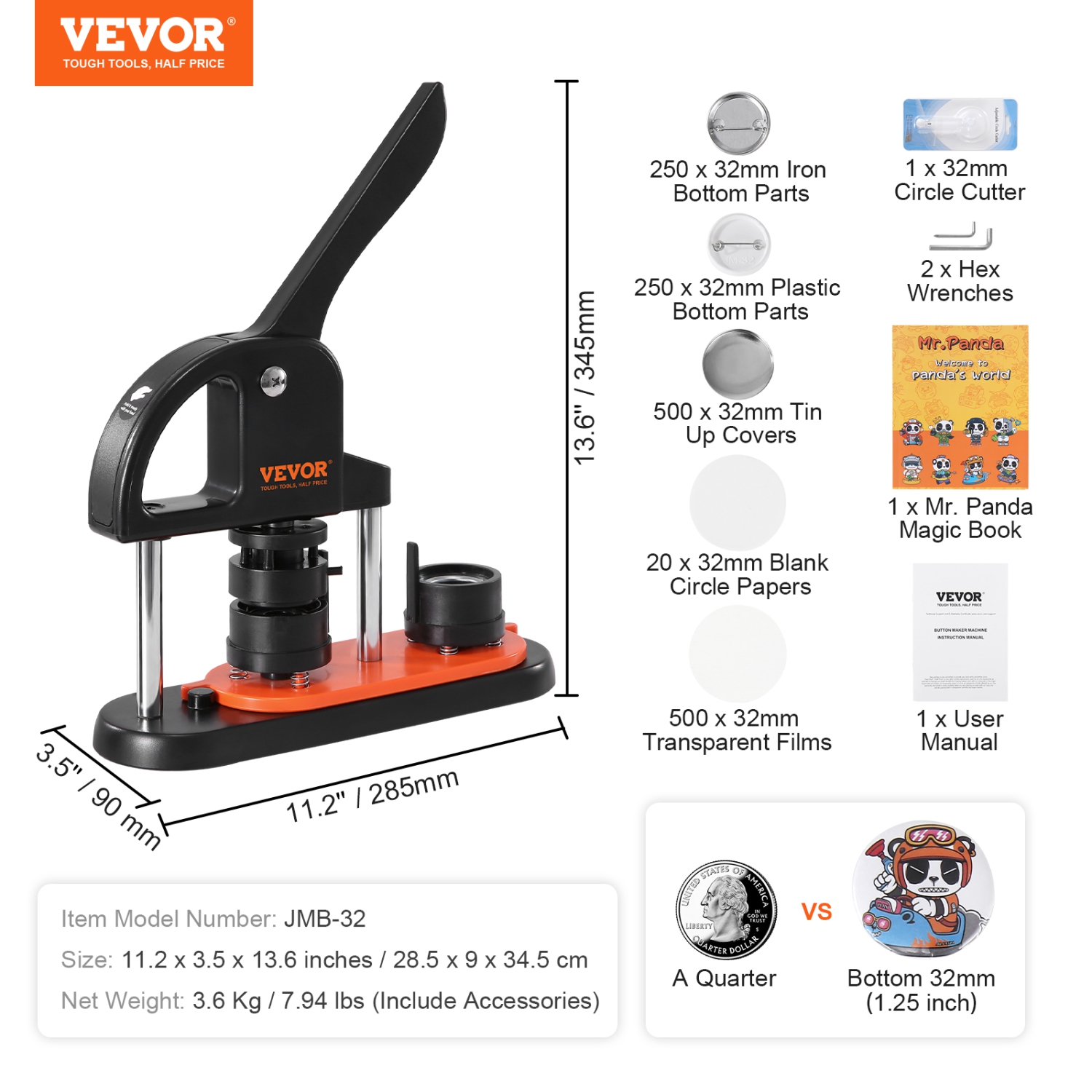VEVOR 1.25 inch/32mm Button Maker Machine, Pin Maker, Installation-Free Badge Punch Press Kit, Children Button Making Supplies with 500pcs Button