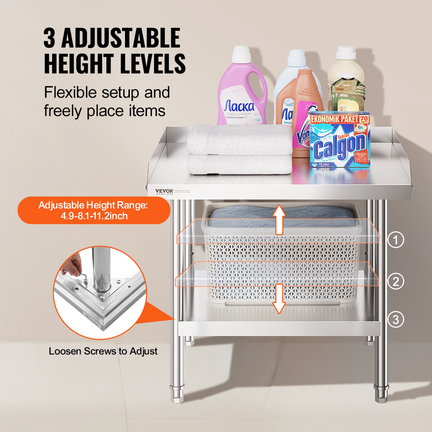 VEVOR 24 x 28 x 26 Inch Stainless Steel Work Table, Commercial Food Prep Worktable, 3-Sided Backsplash Heavy Duty Prep Worktable, Metal Work Table