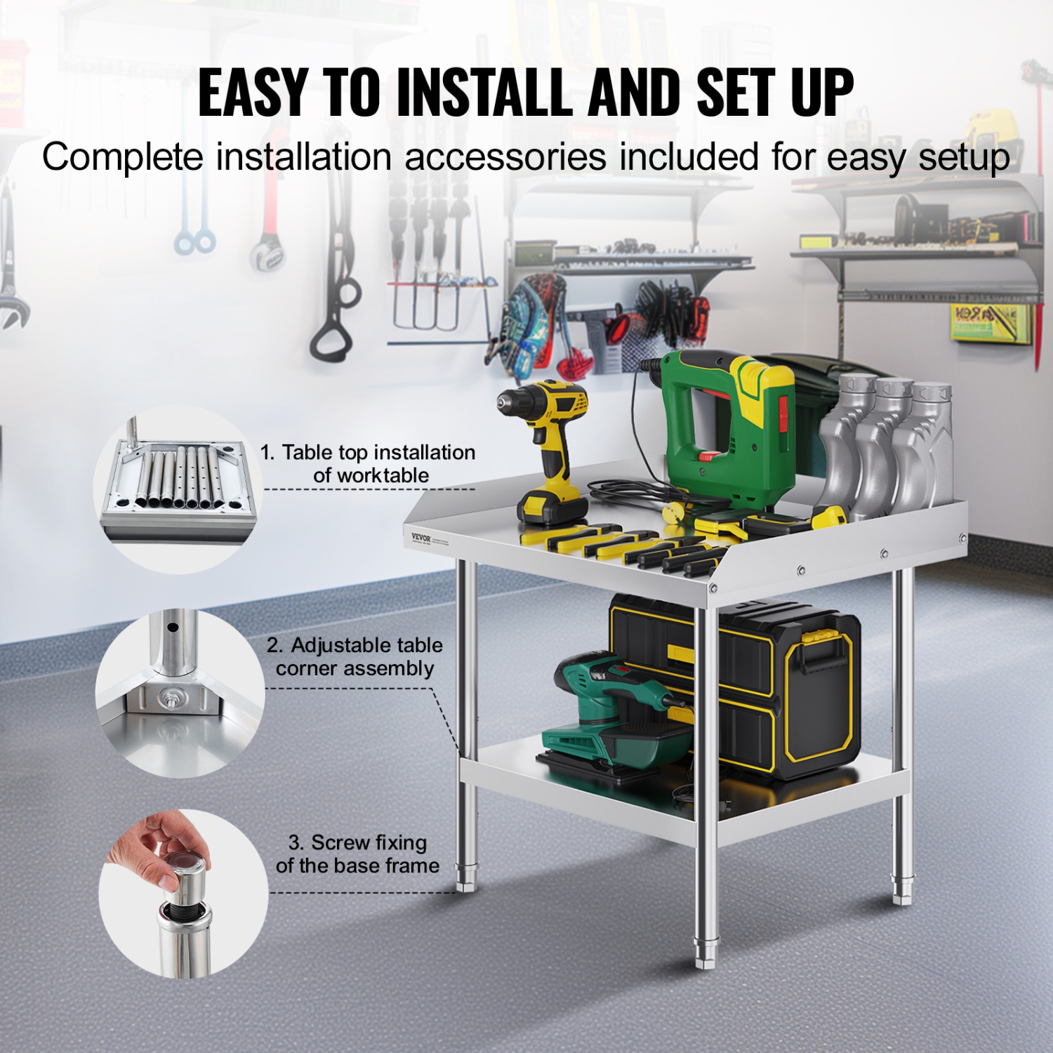 VEVOR 24 x 28 x 26 Inch Stainless Steel Work Table, Commercial Food Prep Worktable, 3-Sided Backsplash Heavy Duty Prep Worktable, Metal Work Table