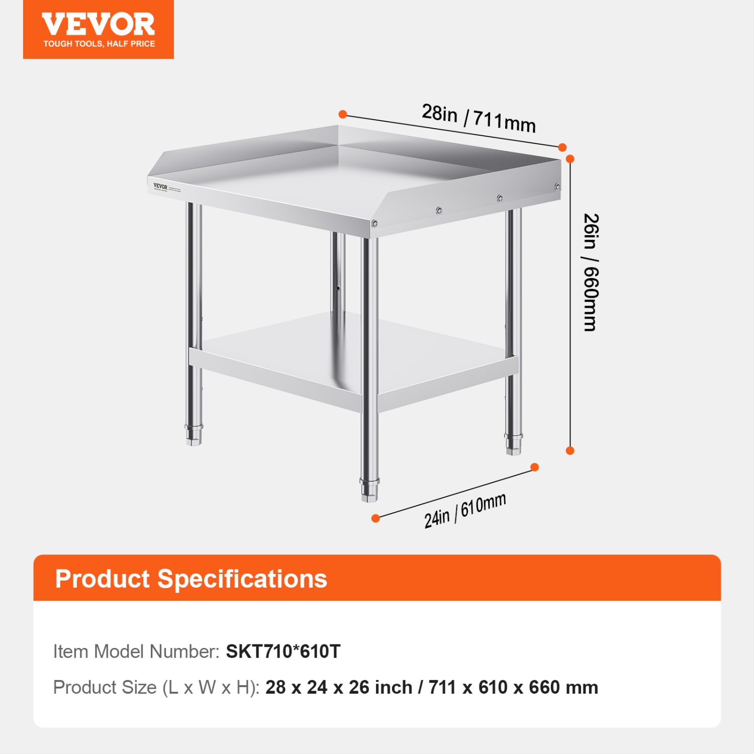 VEVOR 24 x 28 x 26 Inch Stainless Steel Work Table, Commercial Food Prep Worktable, 3-Sided Backsplash Heavy Duty Prep Worktable, Metal Work Table