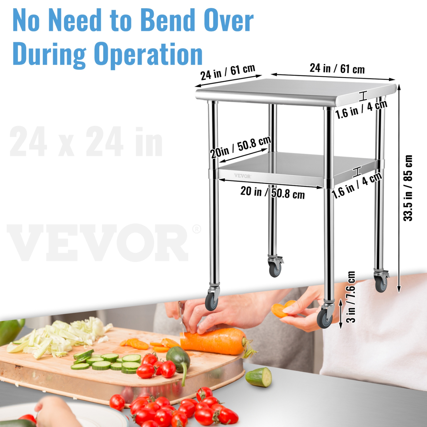VEVOR 24 x 24 x 36 Inch Stainless Steel Prep Table, 600lbs Load Capacity Heavy Duty Metal Worktable with Adjustable Undershelf & Universal Wheels,