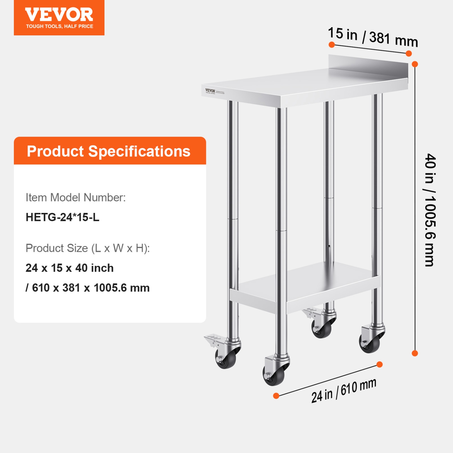 VEVOR 24 x 15 x 40 Inch Stainless Steel Work Table, Commercial Food Prep Worktable with Casters, Heavy Duty Prep Worktable, Metal Work Table with