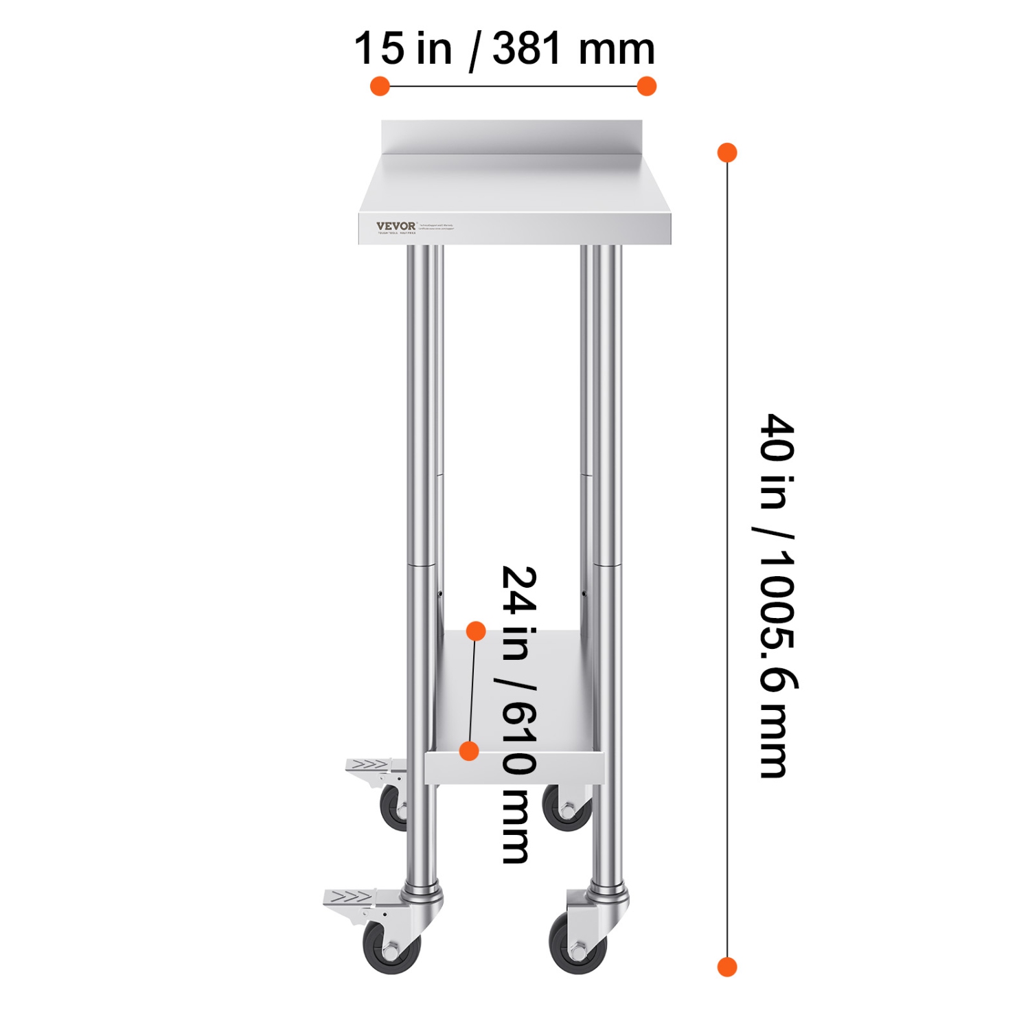 VEVOR 24 x 15 x 40 Inch Stainless Steel Work Table, Commercial Food Prep Worktable with Casters, Heavy Duty Prep Worktable, Metal Work Table with