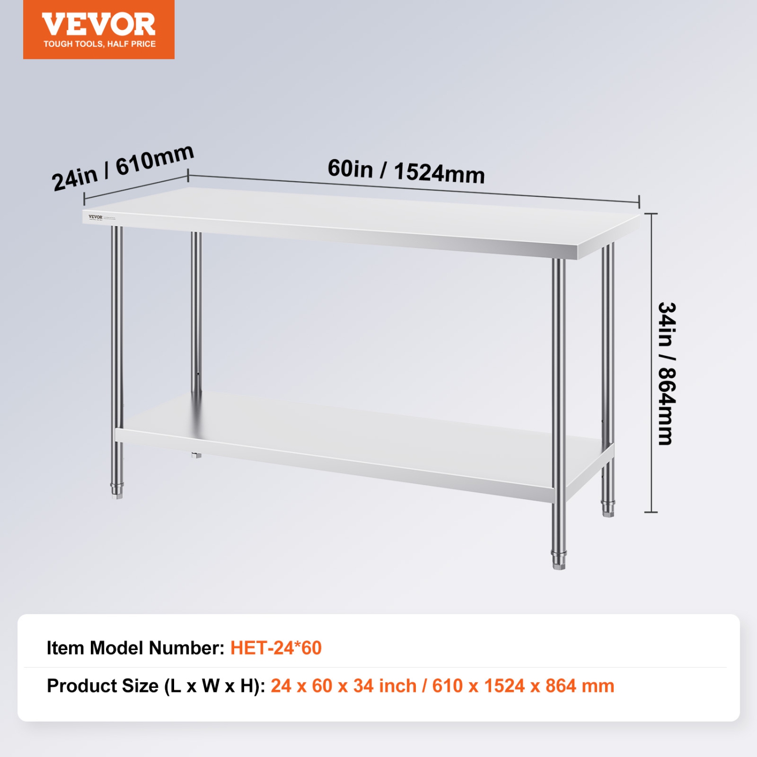 VEVOR 24 x 60 x 34 Inch Stainless Steel Prep Table, Heavy Duty Metal Worktable with 3 Adjustable Height Levels, Commercial Workstation for Kitchen