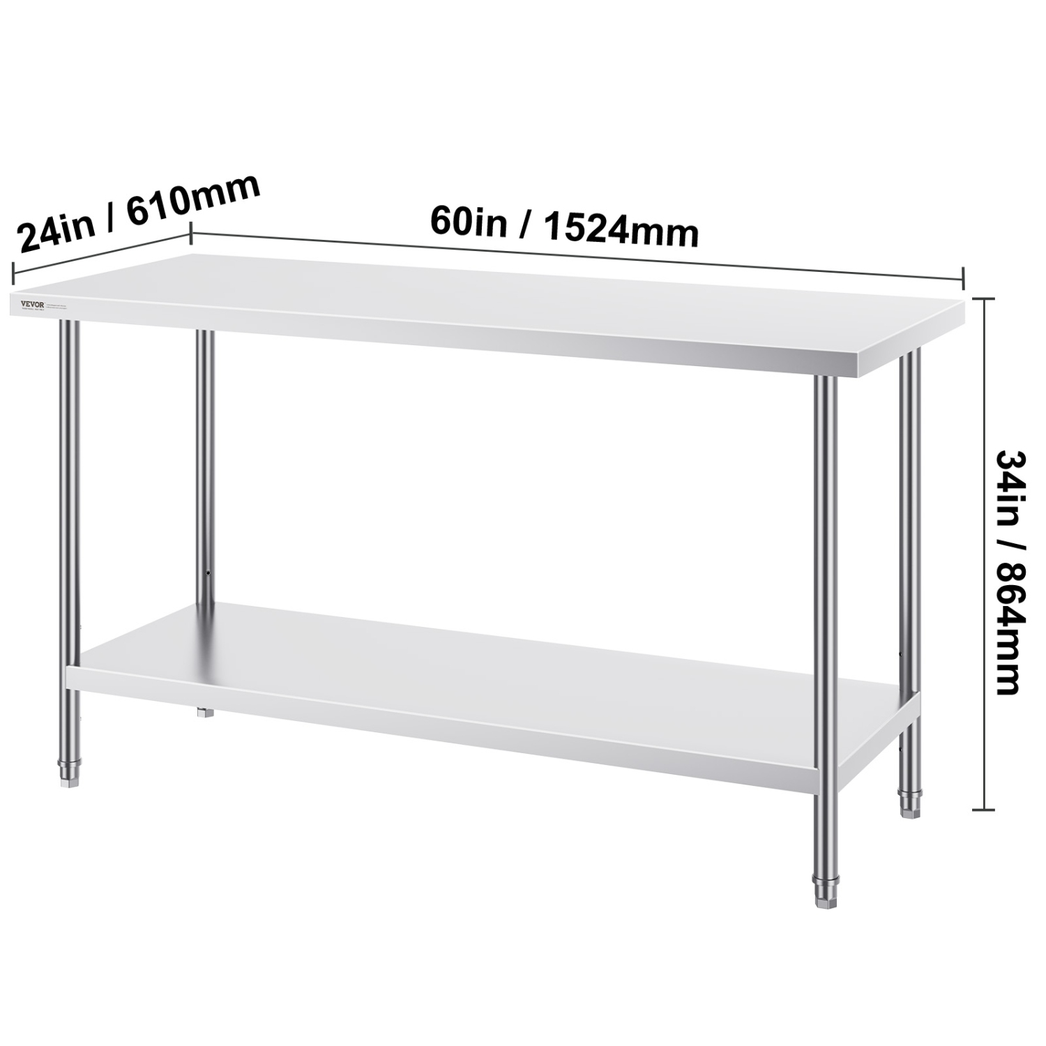 VEVOR 24 x 60 x 34 Inch Stainless Steel Prep Table, Heavy Duty Metal Worktable with 3 Adjustable Height Levels, Commercial Workstation for Kitchen