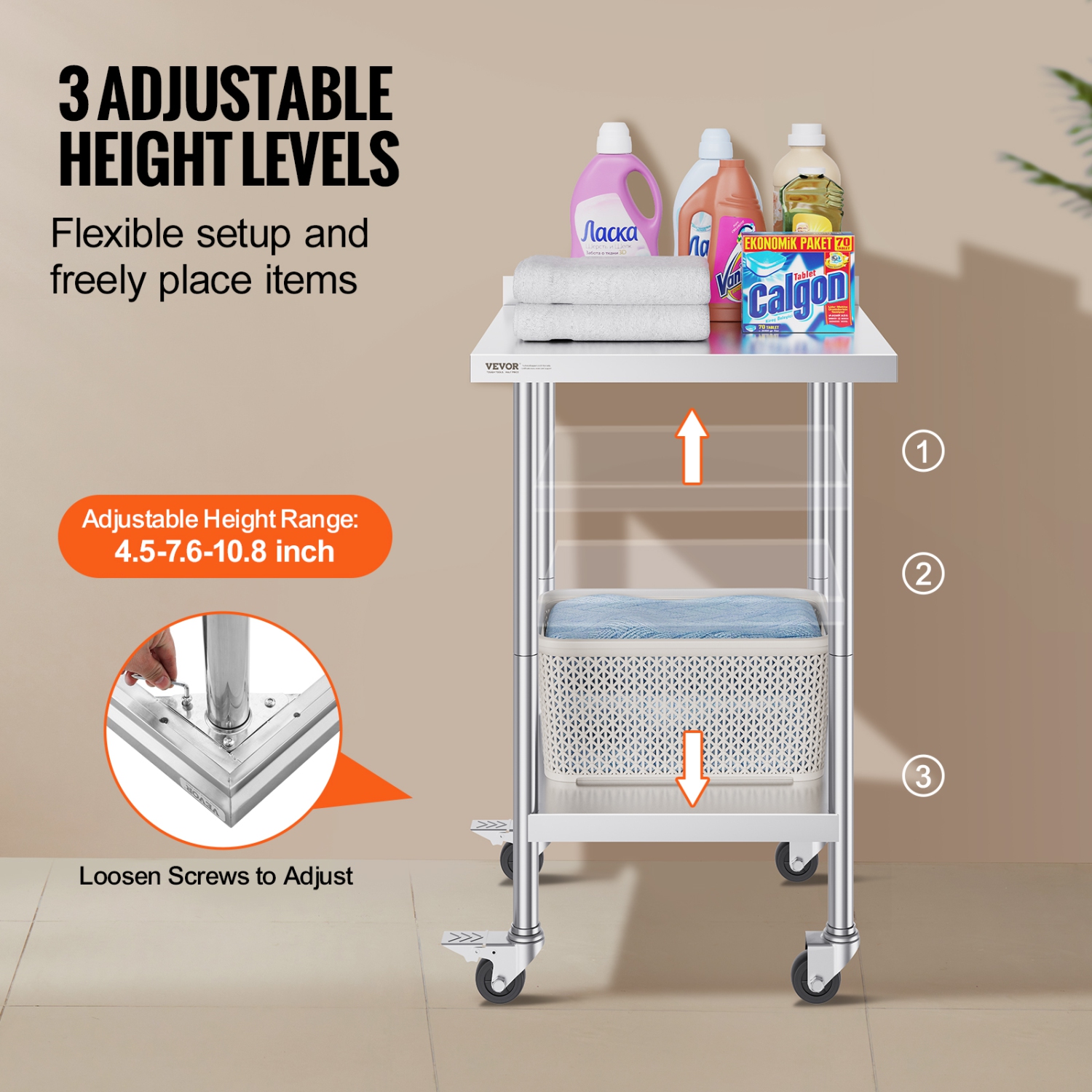 VEVOR 24 x 24 x 40 Inch Stainless Steel Work Table, Commercial Food Prep Worktable with Casters, Heavy Duty Prep Worktable, Metal Work Table with