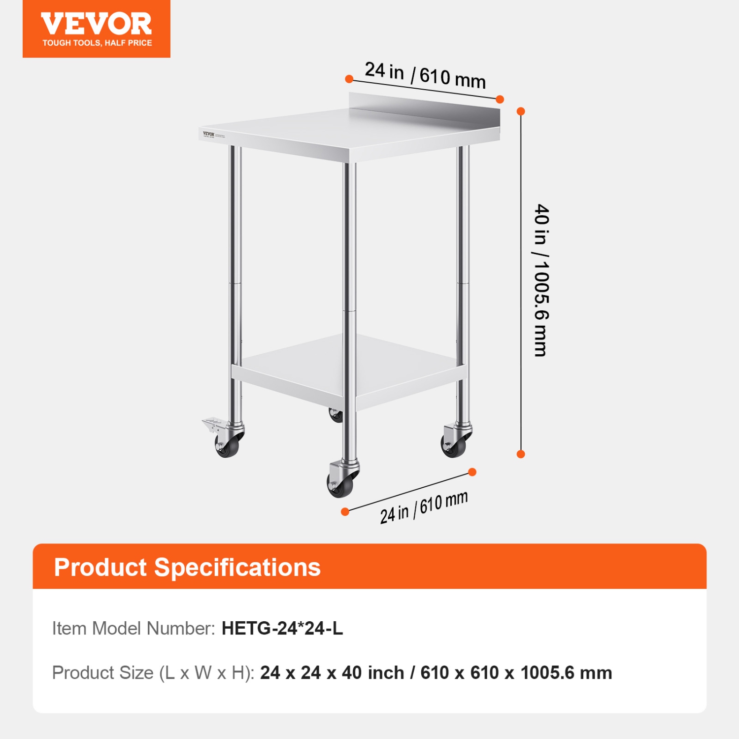 VEVOR 24 x 24 x 40 Inch Stainless Steel Work Table, Commercial Food Prep Worktable with Casters, Heavy Duty Prep Worktable, Metal Work Table with