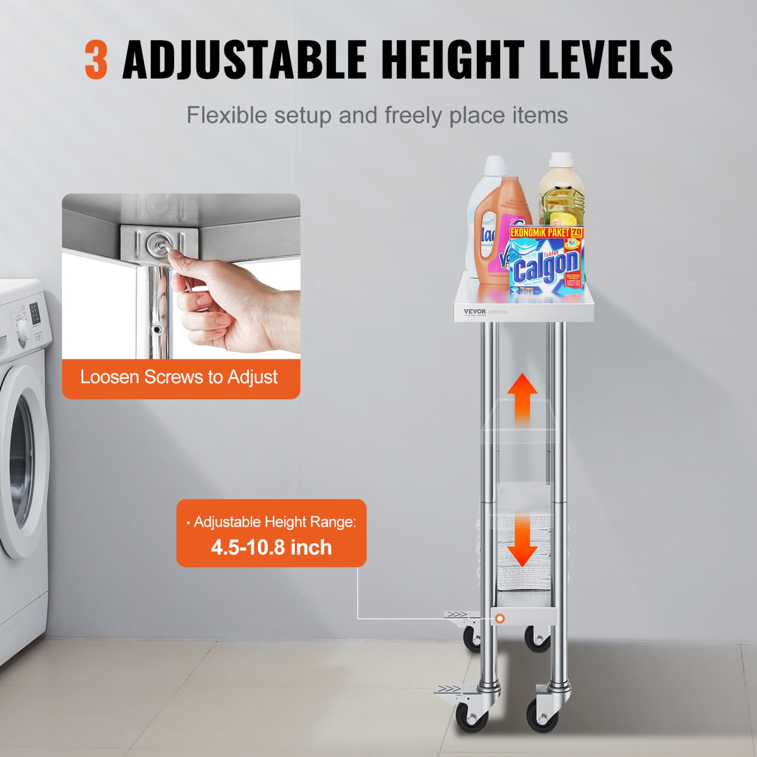 Table de travail en acier inoxydable VEVOR de 24 x 12 x 38&nbsp;po avec 4 roulettes, 3 hauteurs réglables, table de préparation des aliments robuste