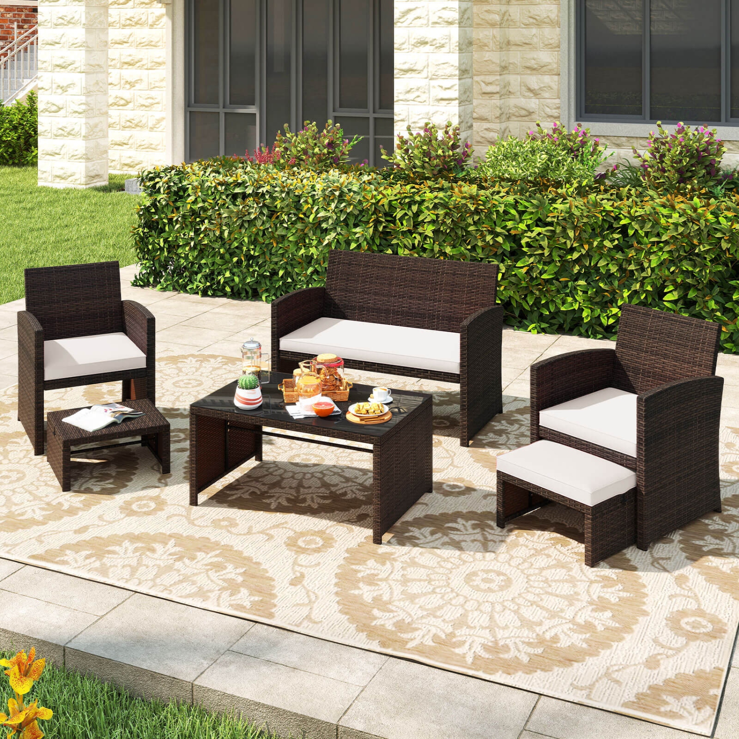 Gymax 6 PCS Patio Furniture Set w/ 1 Loveseat 1 Coffee Table 2 Armchairs 2 Ottomans