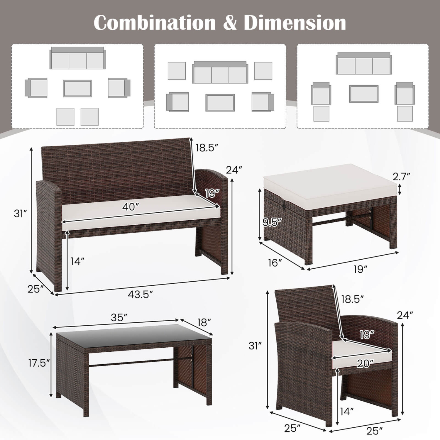 Gymax 6 PCS Patio Furniture Set w/ 1 Loveseat 1 Coffee Table 2 Armchairs 2 Ottomans