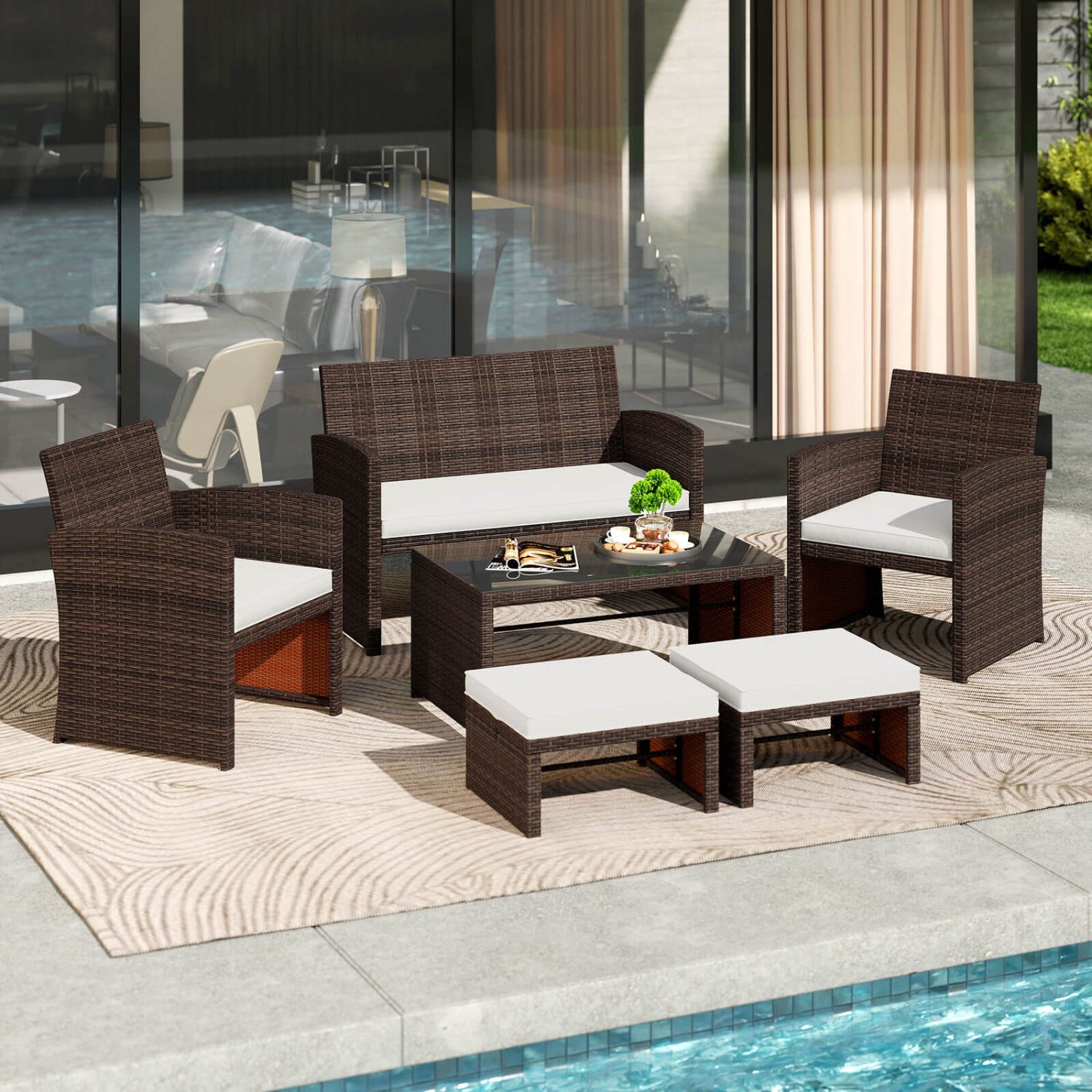 Gymax 6 PCS Patio Furniture Set w/ 1 Loveseat 1 Coffee Table 2 Armchairs 2 Ottomans
