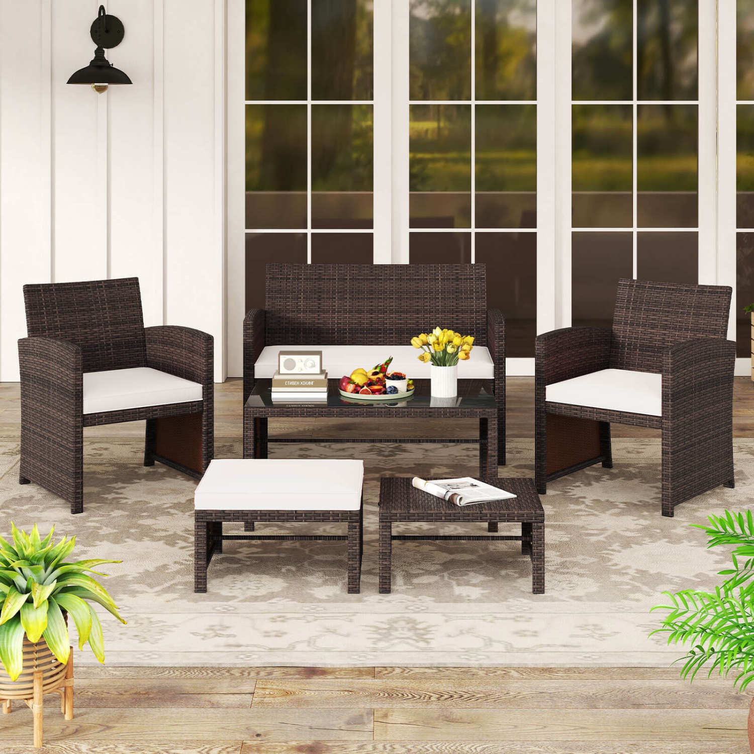 Gymax 6 PCS Patio Furniture Set w/ 1 Loveseat 1 Coffee Table 2 Armchairs 2 Ottomans