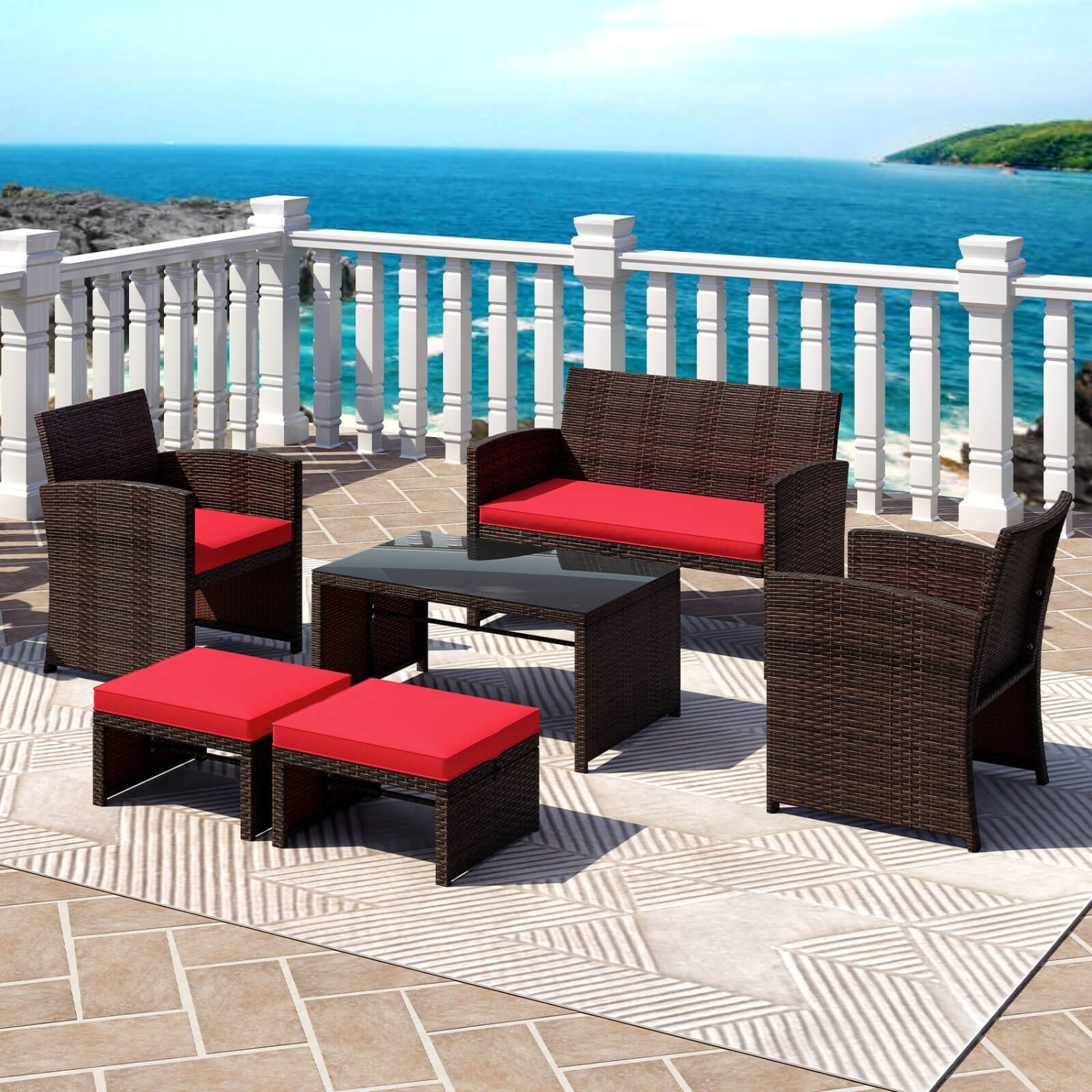 Gymax 6 PCS Patio Furniture Set w/ 1 Loveseat 1 Coffee Table 2 Armchairs 2 Ottomans