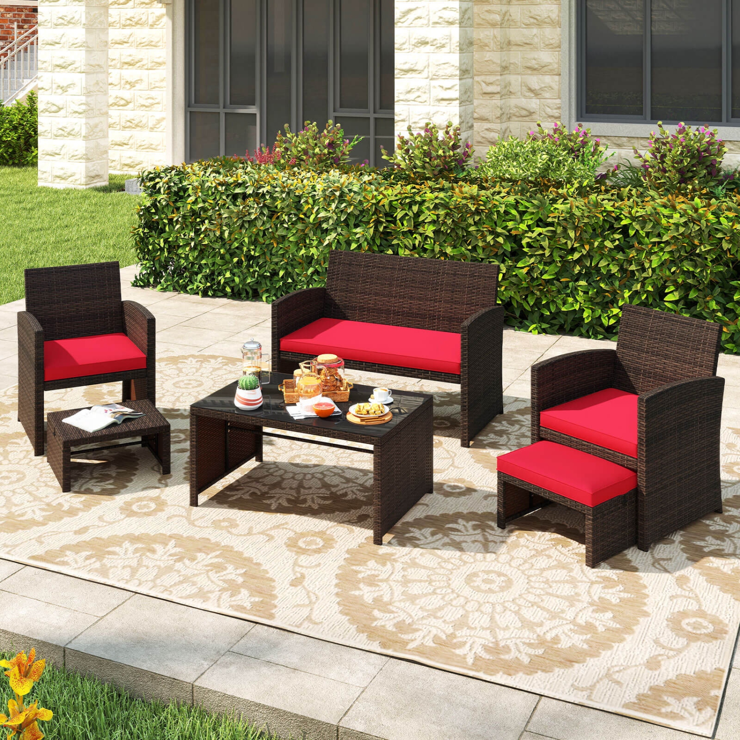 Gymax 6 PCS Patio Furniture Set w/ 1 Loveseat 1 Coffee Table 2 Armchairs 2 Ottomans