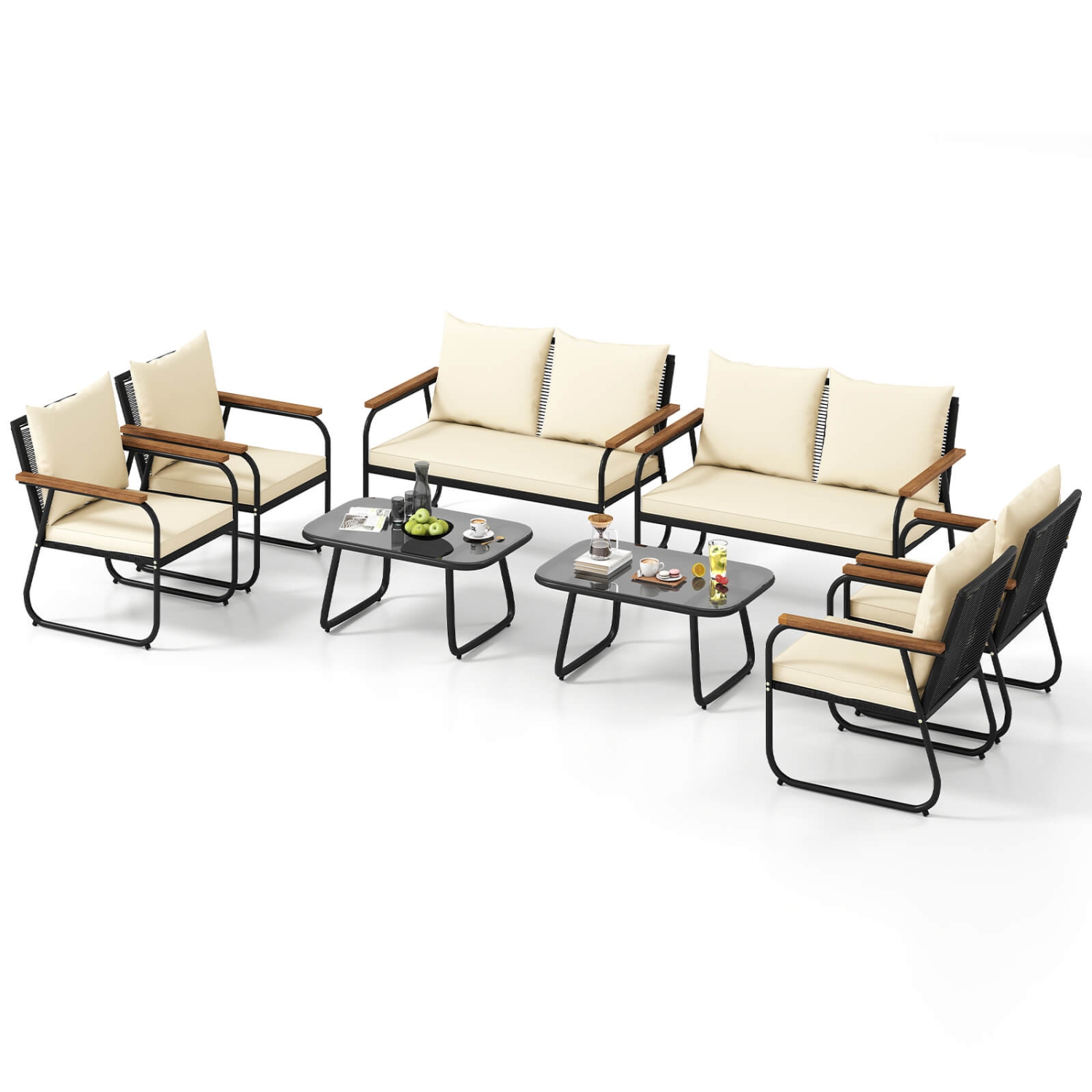 Gymax Set Of 8 Patio Furniture Set w/Tempered Glass Coffee Table PE Wicker Rattan Chairs