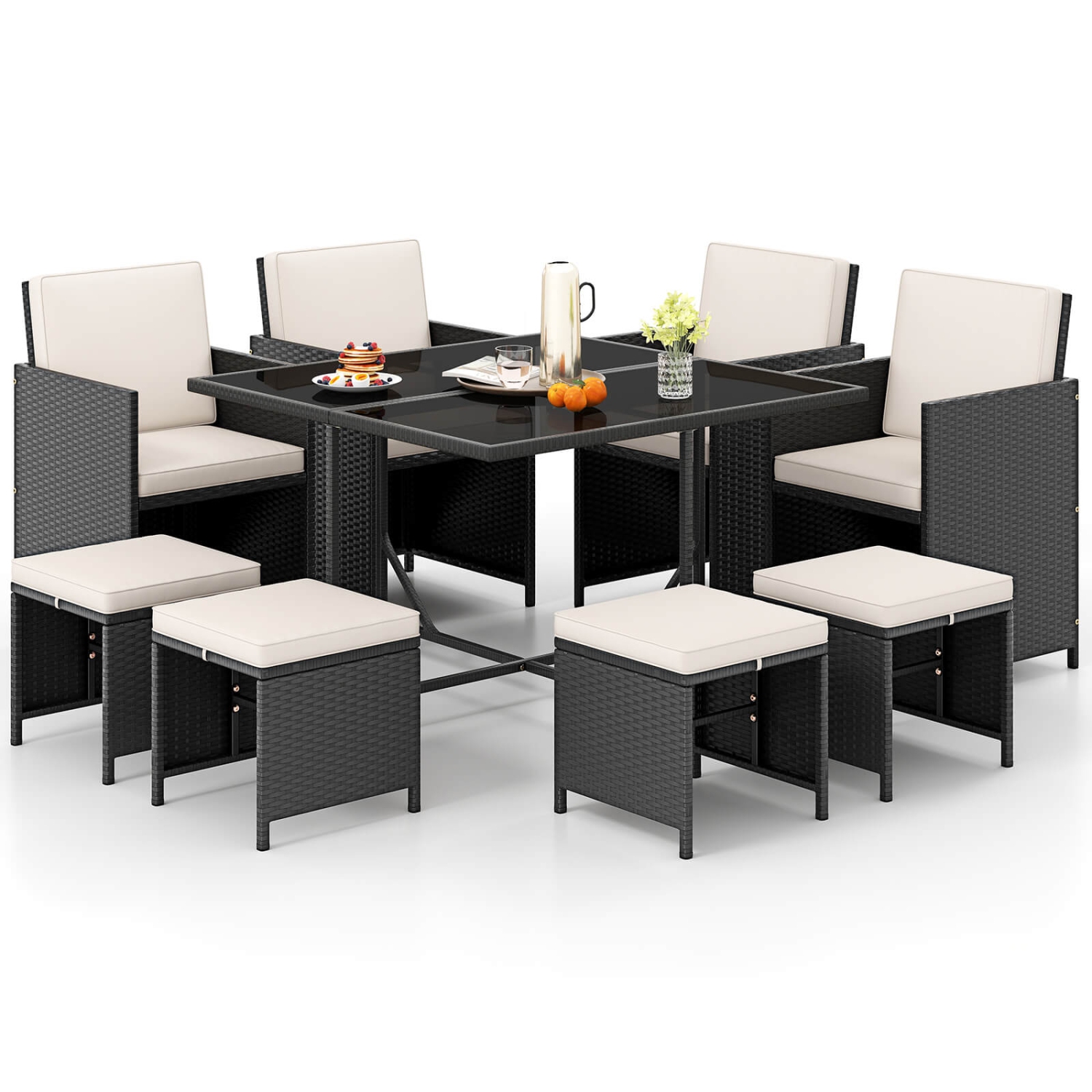 Gymax Set Of 9 Patio Dining Set w/Tempered Glass Table & Ottoman Removable Cushions