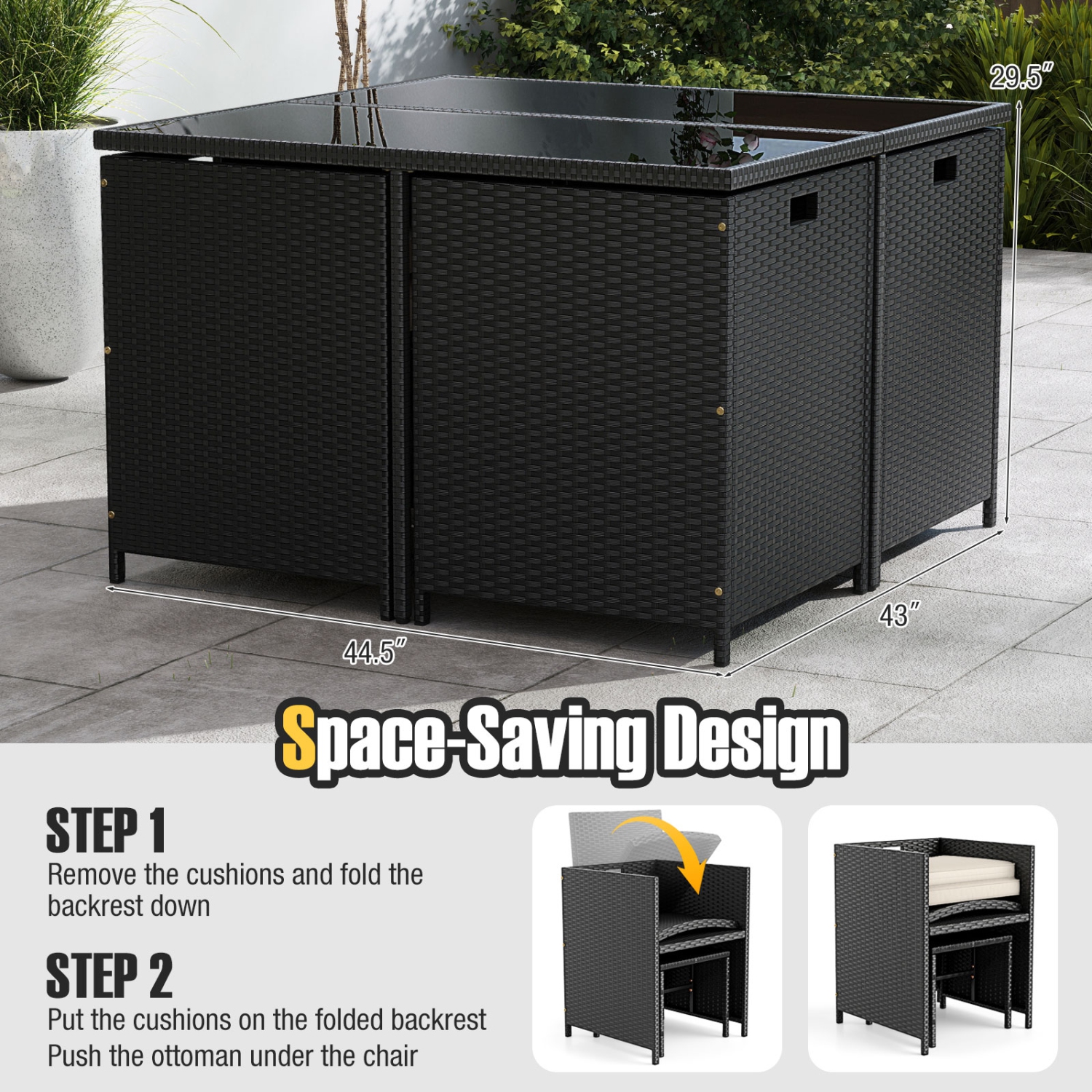 Gymax Set Of 9 Patio Dining Set w/Tempered Glass Table & Ottoman Removable Cushions