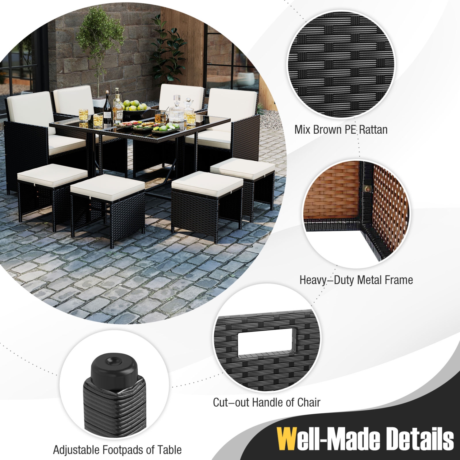 Gymax Set Of 9 Patio Dining Set w/Tempered Glass Table & Ottoman Removable Cushions