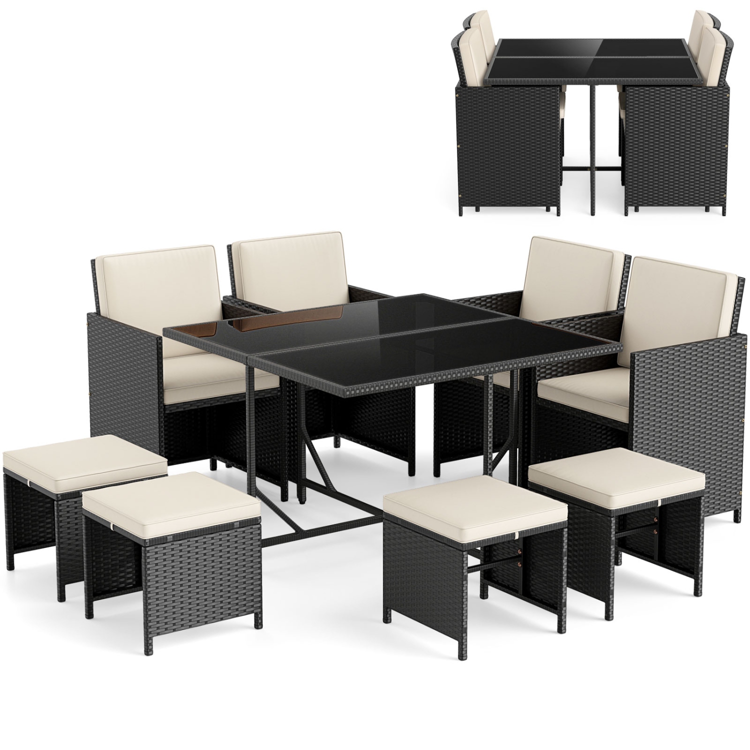 Gymax Set Of 9 Patio Dining Set w/Tempered Glass Table & Ottoman Removable Cushions