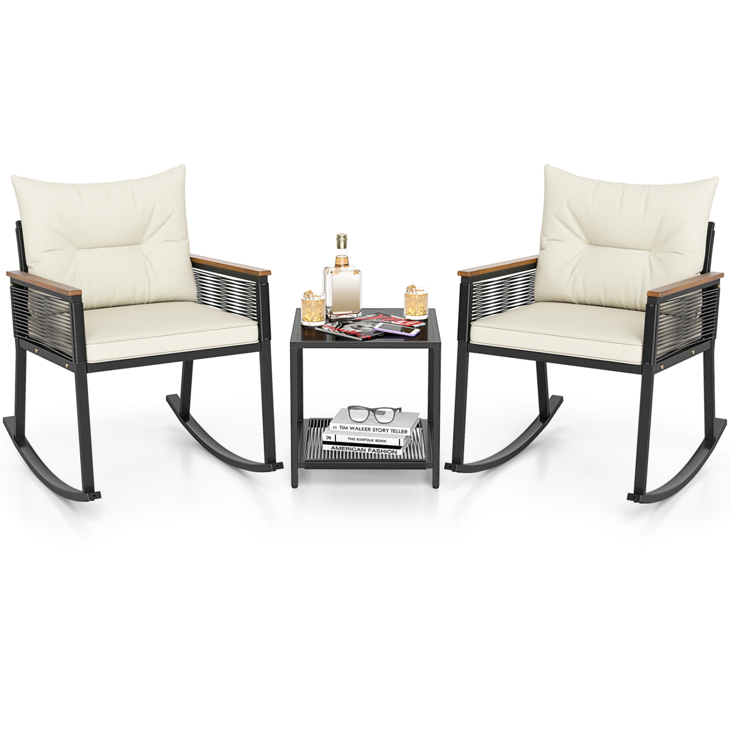 Gymax 3 PCS Patio Rocking Bistro Set Outside Wicker Rockers w/ 2-Tier Tempered Glass Coffee Table