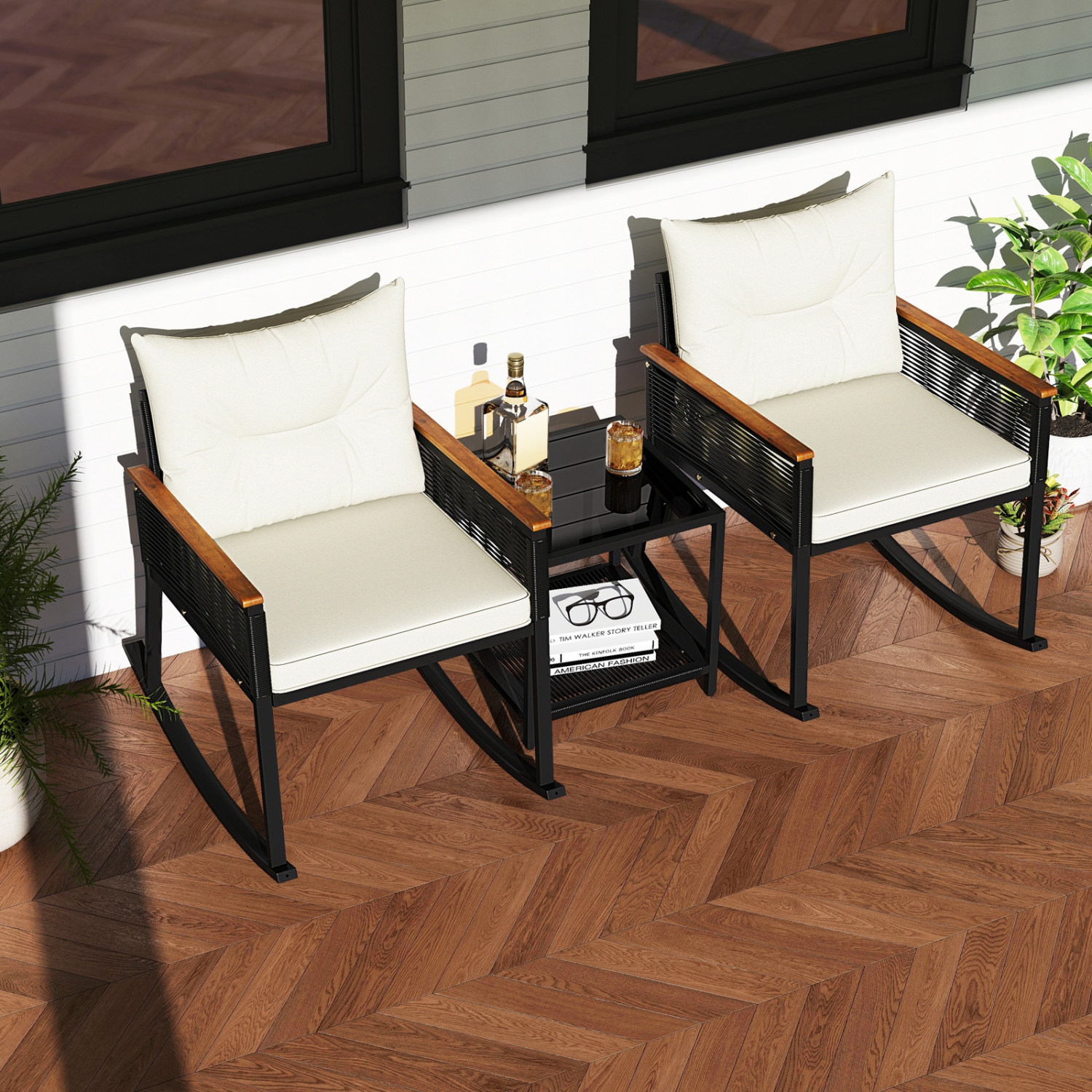 Gymax 3 PCS Patio Rocking Bistro Set Outside Wicker Rockers w/ 2-Tier Tempered Glass Coffee Table