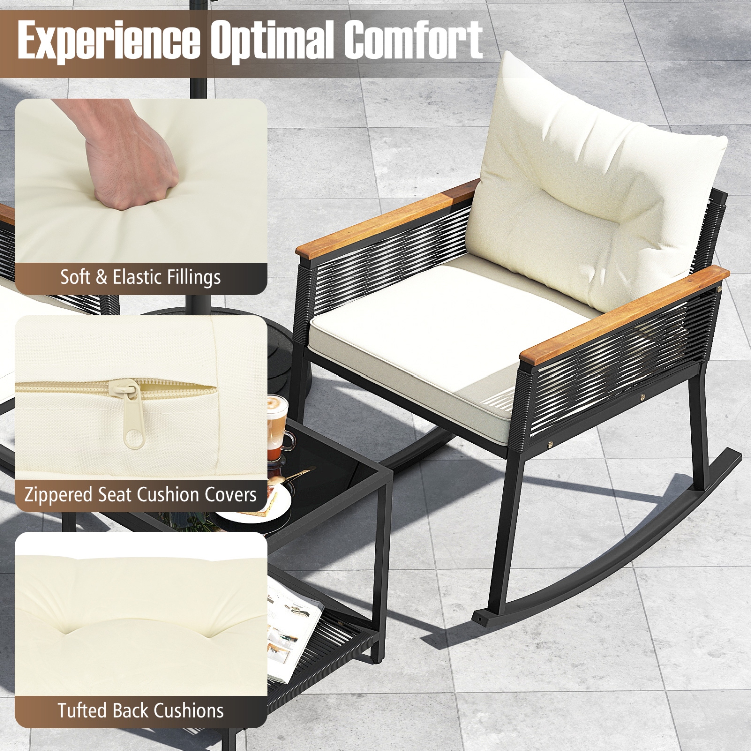 Gymax 3 PCS Patio Rocking Bistro Set Outside Wicker Rockers w/ 2-Tier Tempered Glass Coffee Table