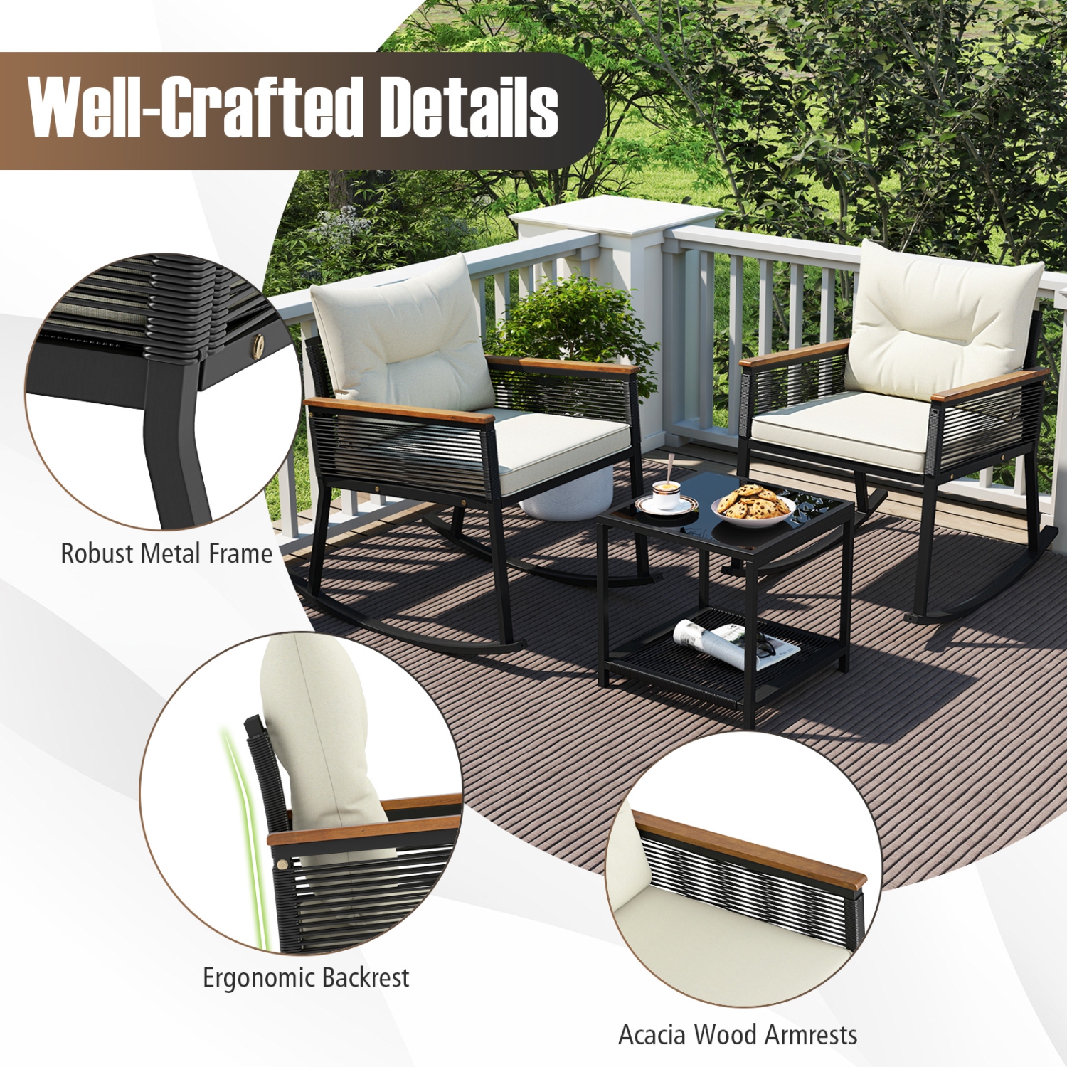 Gymax 3 PCS Patio Rocking Bistro Set Outside Wicker Rockers w/ 2-Tier Tempered Glass Coffee Table