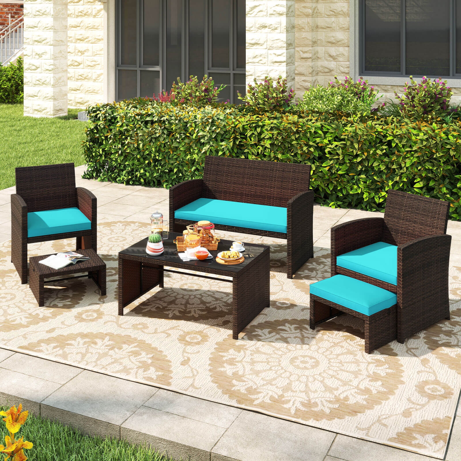 Gymax 6 PCS Patio Furniture Set w/ 1 Loveseat 1 Coffee Table 2 Armchairs 2 Ottomans