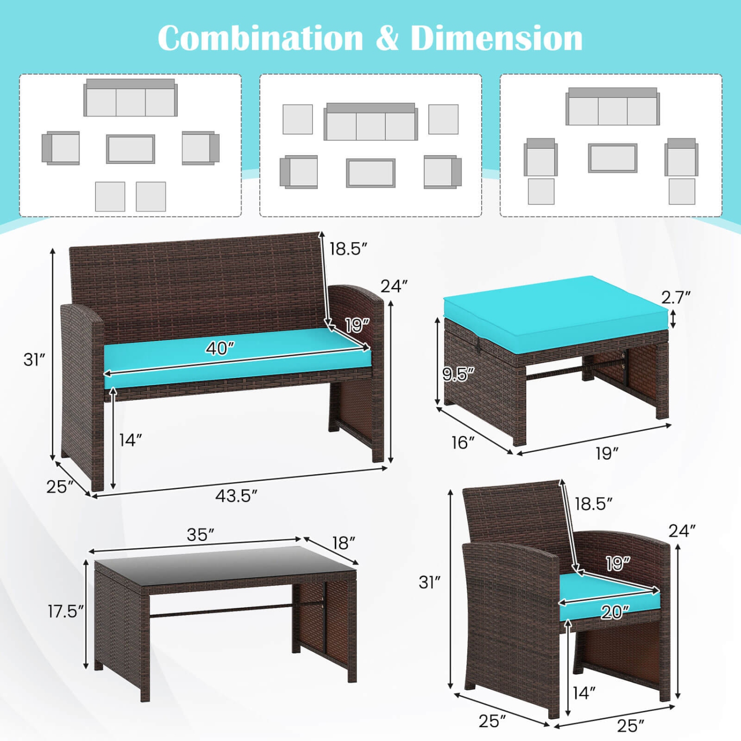 Gymax 6 PCS Patio Furniture Set w/ 1 Loveseat 1 Coffee Table 2 Armchairs 2 Ottomans