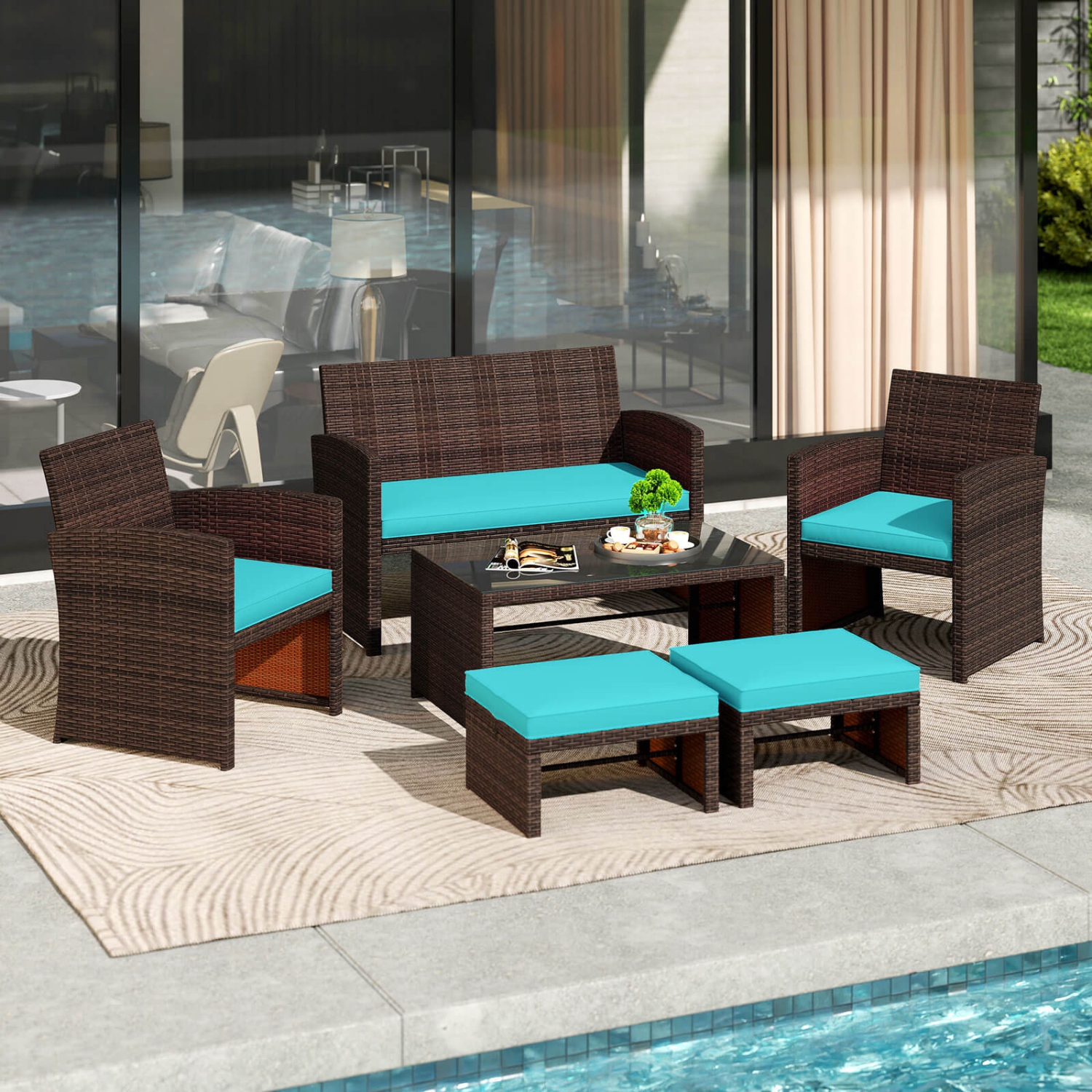 Gymax 6 PCS Patio Furniture Set w/ 1 Loveseat 1 Coffee Table 2 Armchairs 2 Ottomans