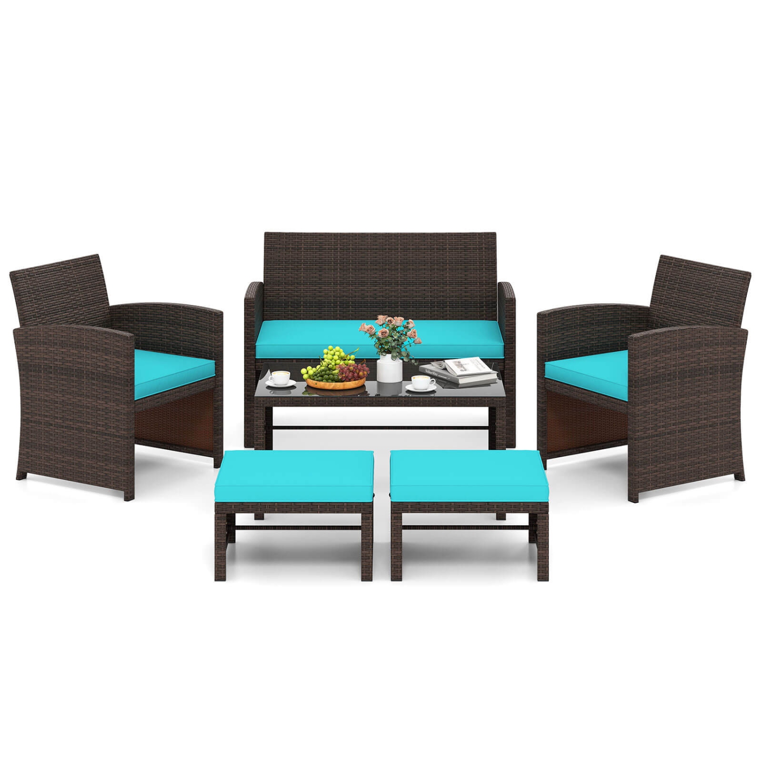 Gymax 6 PCS Patio Furniture Set w/ 1 Loveseat 1 Coffee Table 2 Armchairs 2 Ottomans