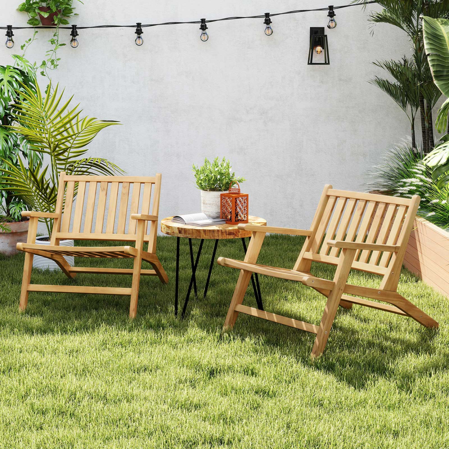 Gymax 4PCS Teak Wood Outdoor Reclining Chair w/ Comfortable Backrest & Armrests