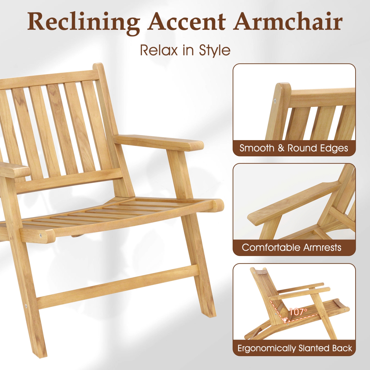 Gymax 4PCS Teak Wood Outdoor Reclining Chair w/ Comfortable Backrest & Armrests