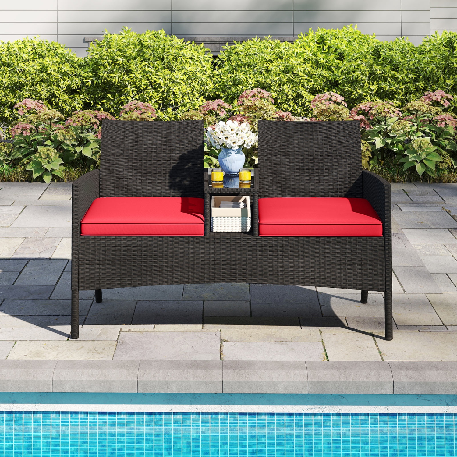 Gymax Patio Loveseat w/ Built-in Table Soft Cushions & Tempered Glass Tabletop Outdoor